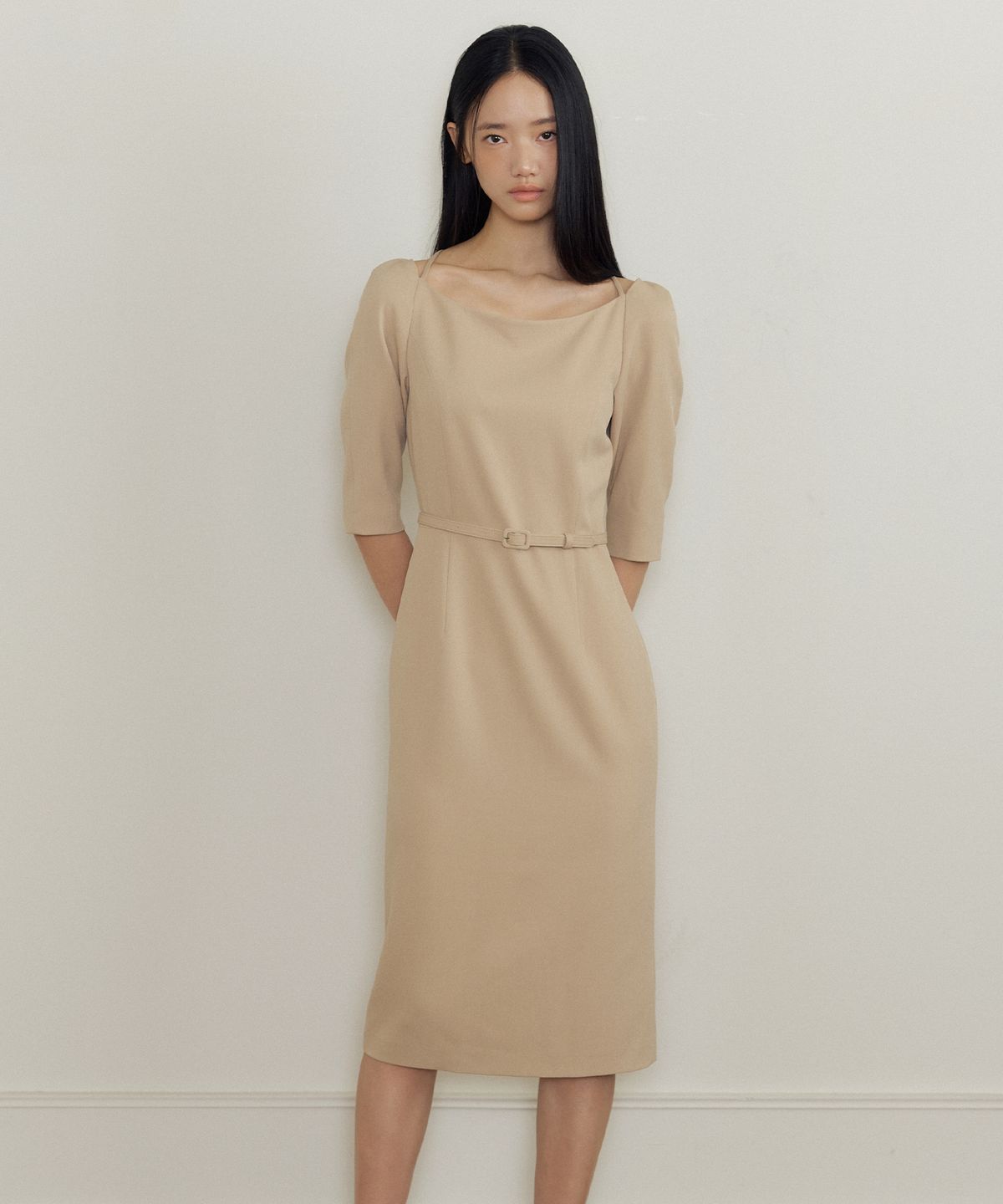 루시르주(LUCIR ZU) Thalia Belted Boatneck Dress (beige)