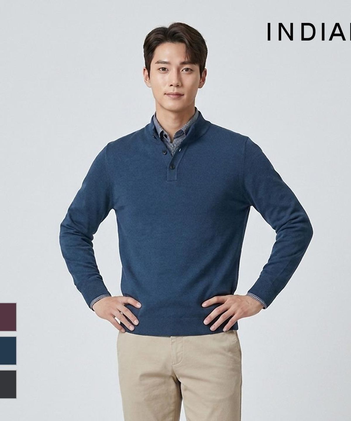 인디안(INDIAN) 울혼방 솔리드 이중에리 니트_MIEBP3F8311