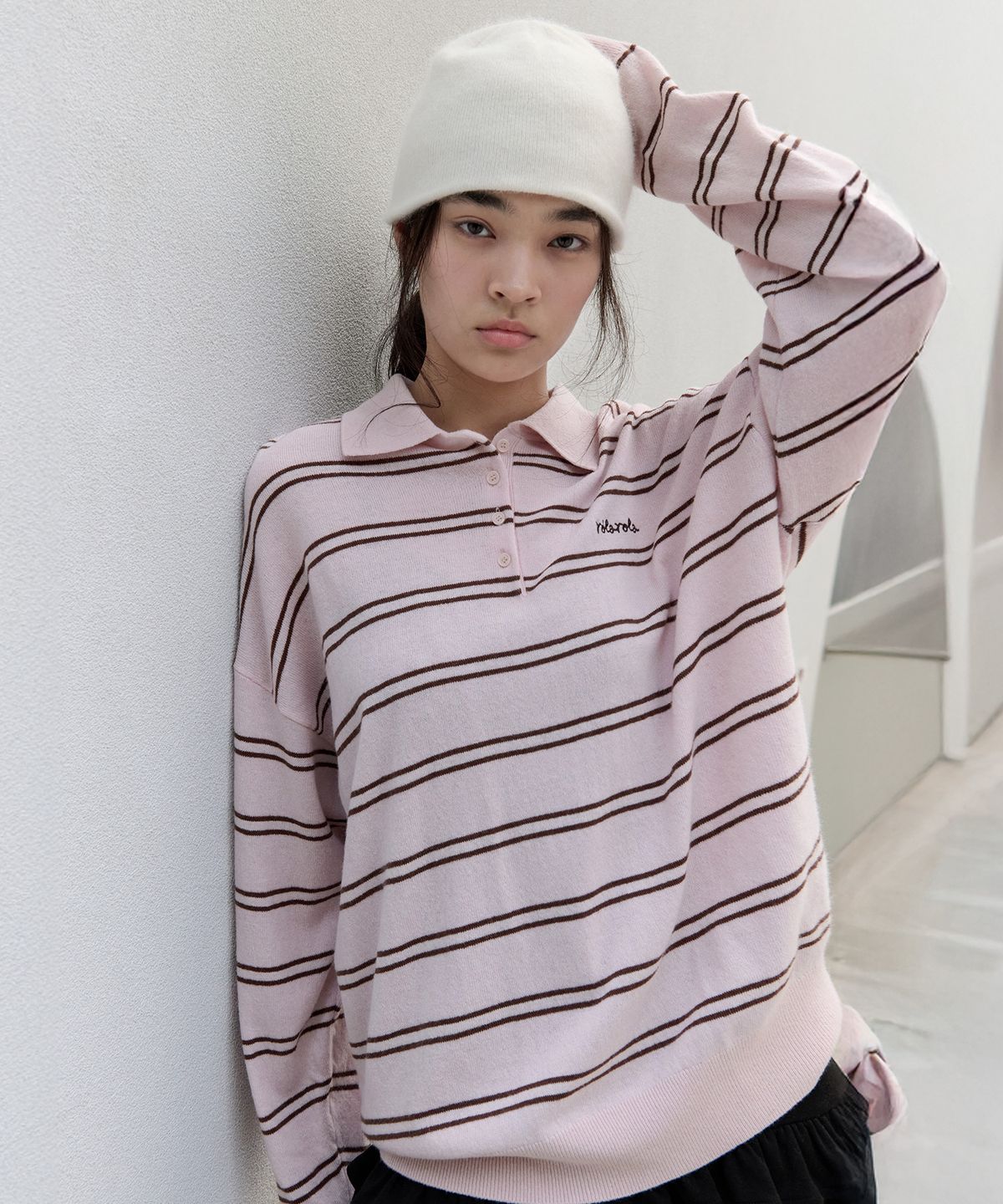 로라로라(ROLAROLA) LOOSE FIT COLLAR STRIPE KNIT PINK