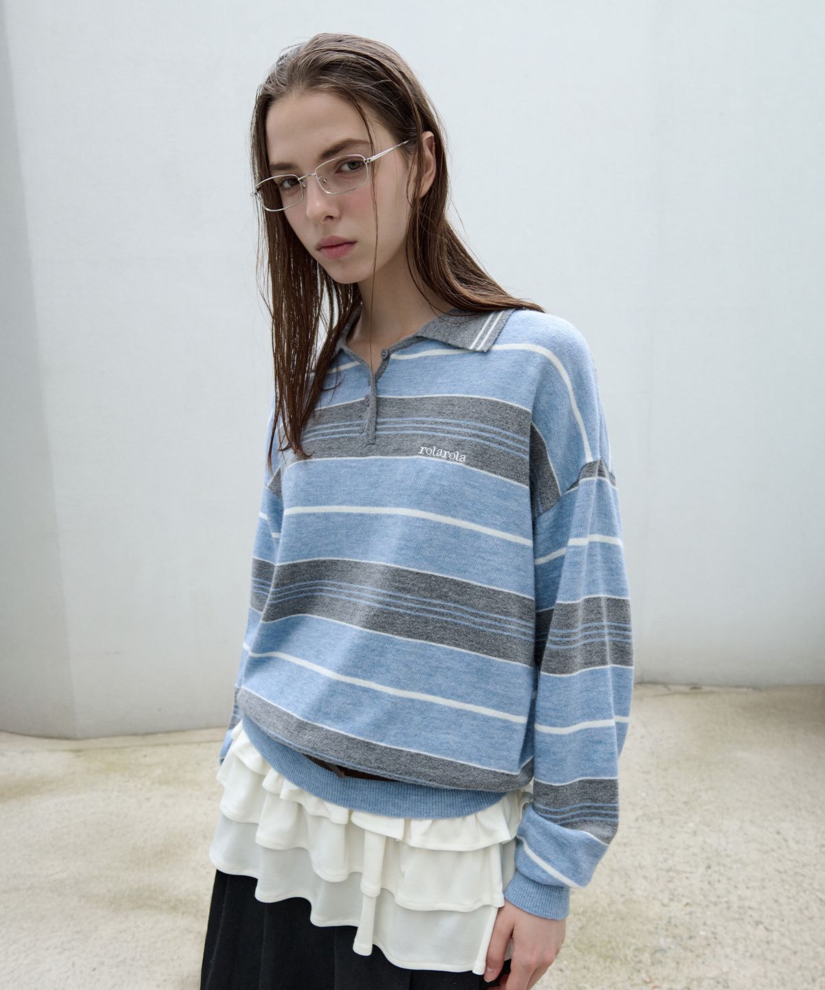 로라로라(ROLAROLA) ALPACA STRIPE COLLAR KNIT BLUE