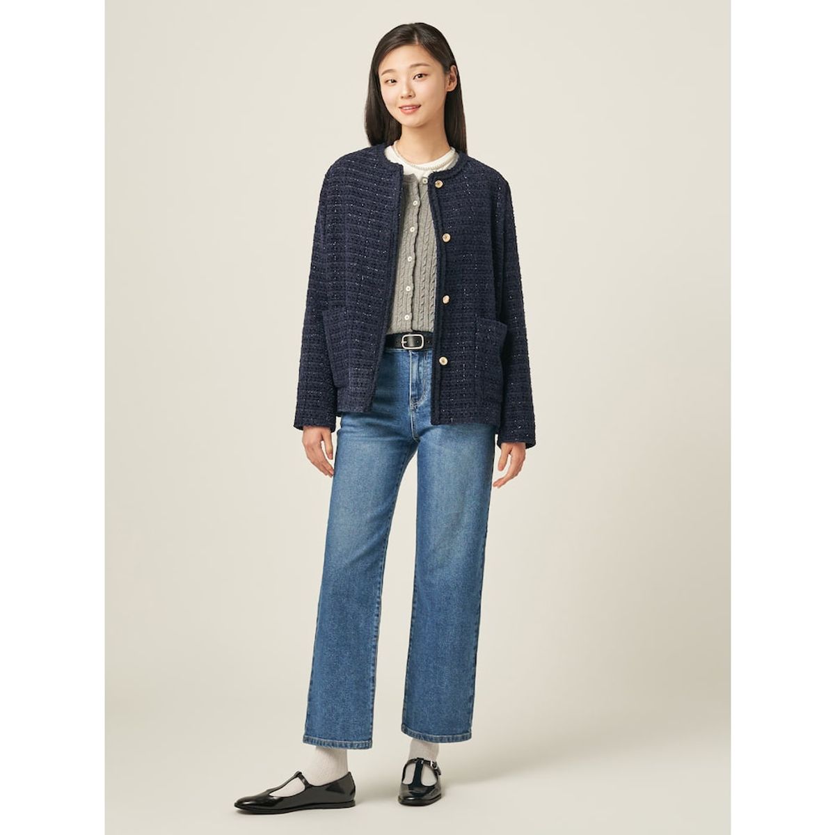 빈폴 레이디스(BEANPOLE LADIES) 트위드 미디움 재킷  네이비 (BF5811C02R)