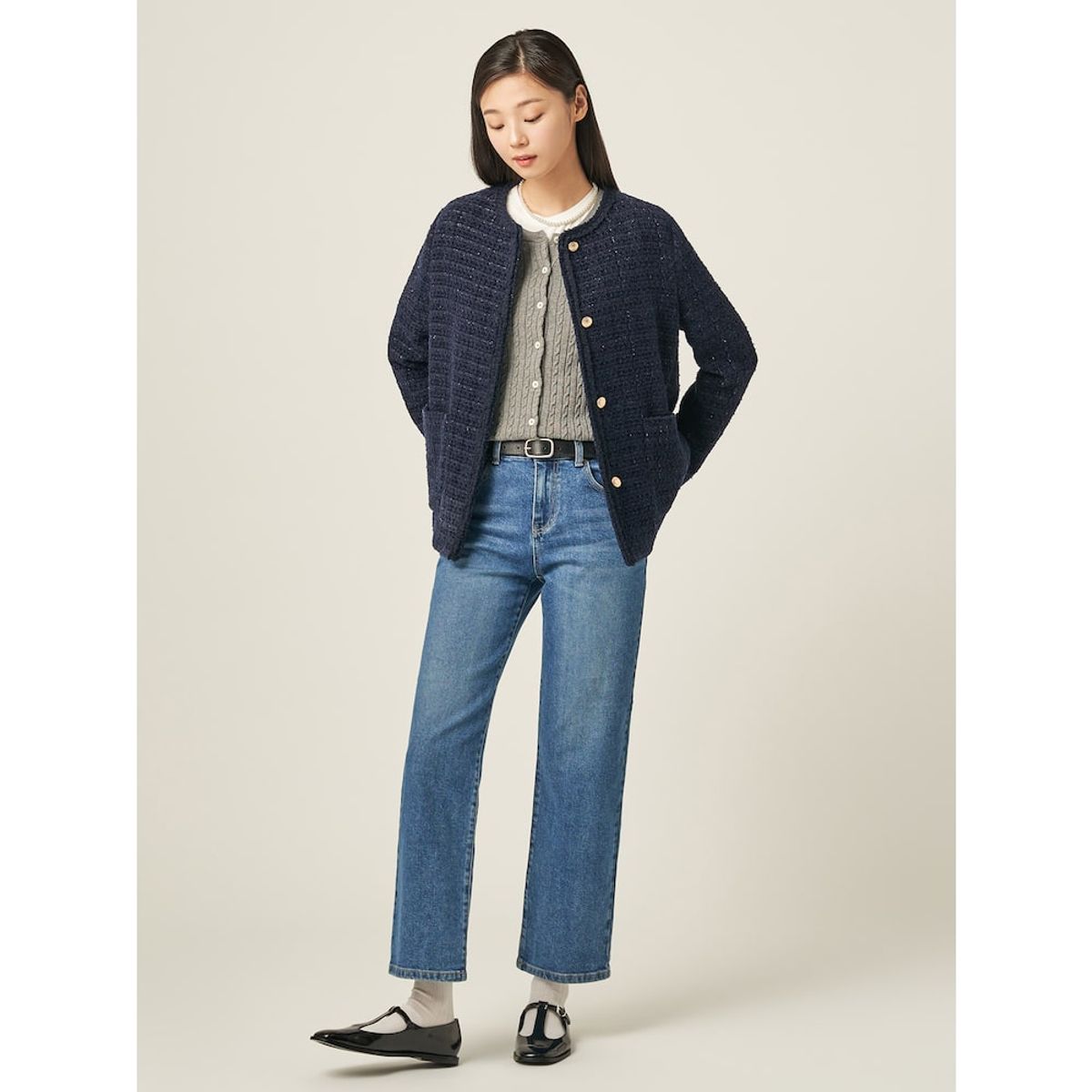 빈폴 레이디스(BEANPOLE LADIES) 트위드 미디움 재킷  네이비 (BF5811C02R)