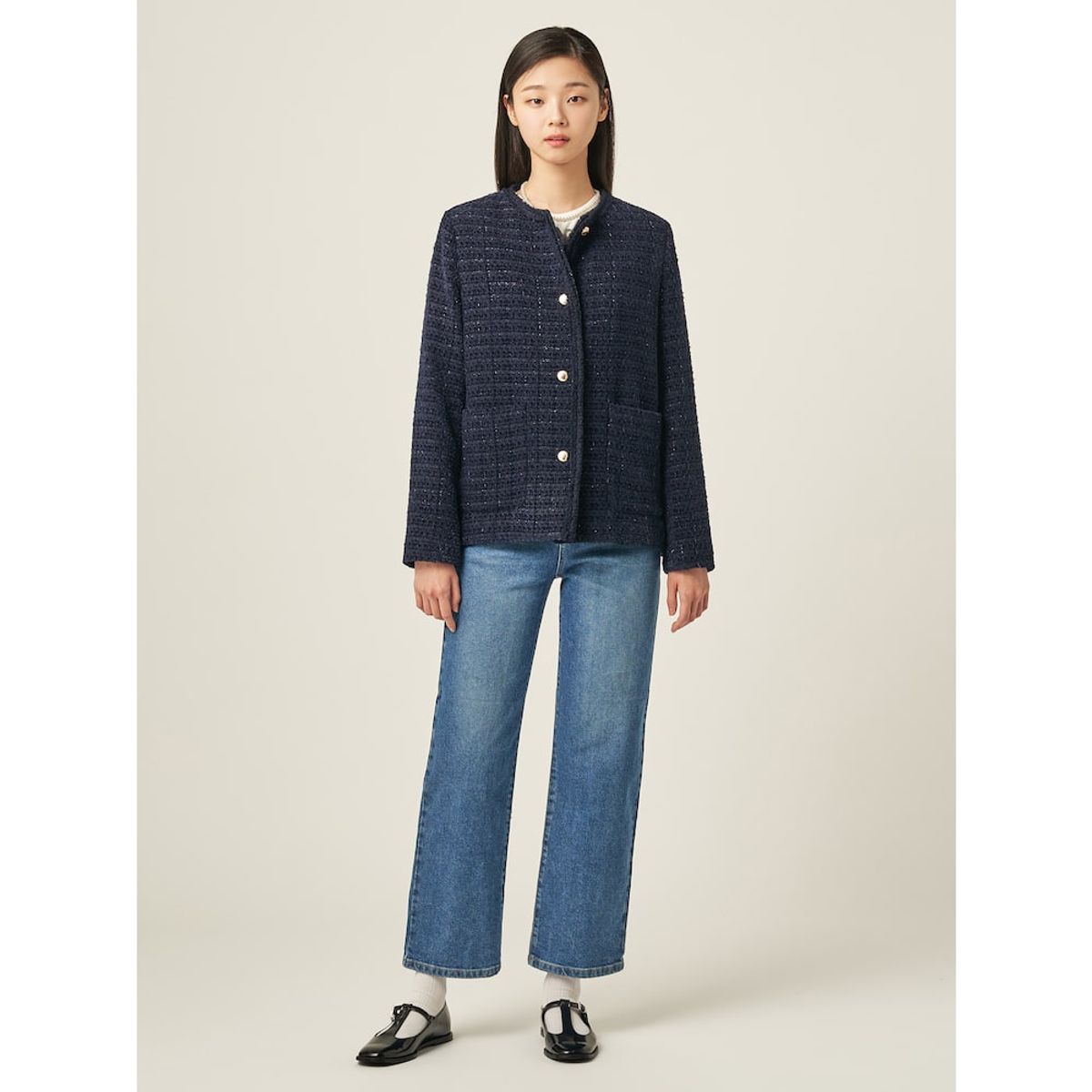 빈폴 레이디스(BEANPOLE LADIES) 트위드 미디움 재킷  네이비 (BF5811C02R)