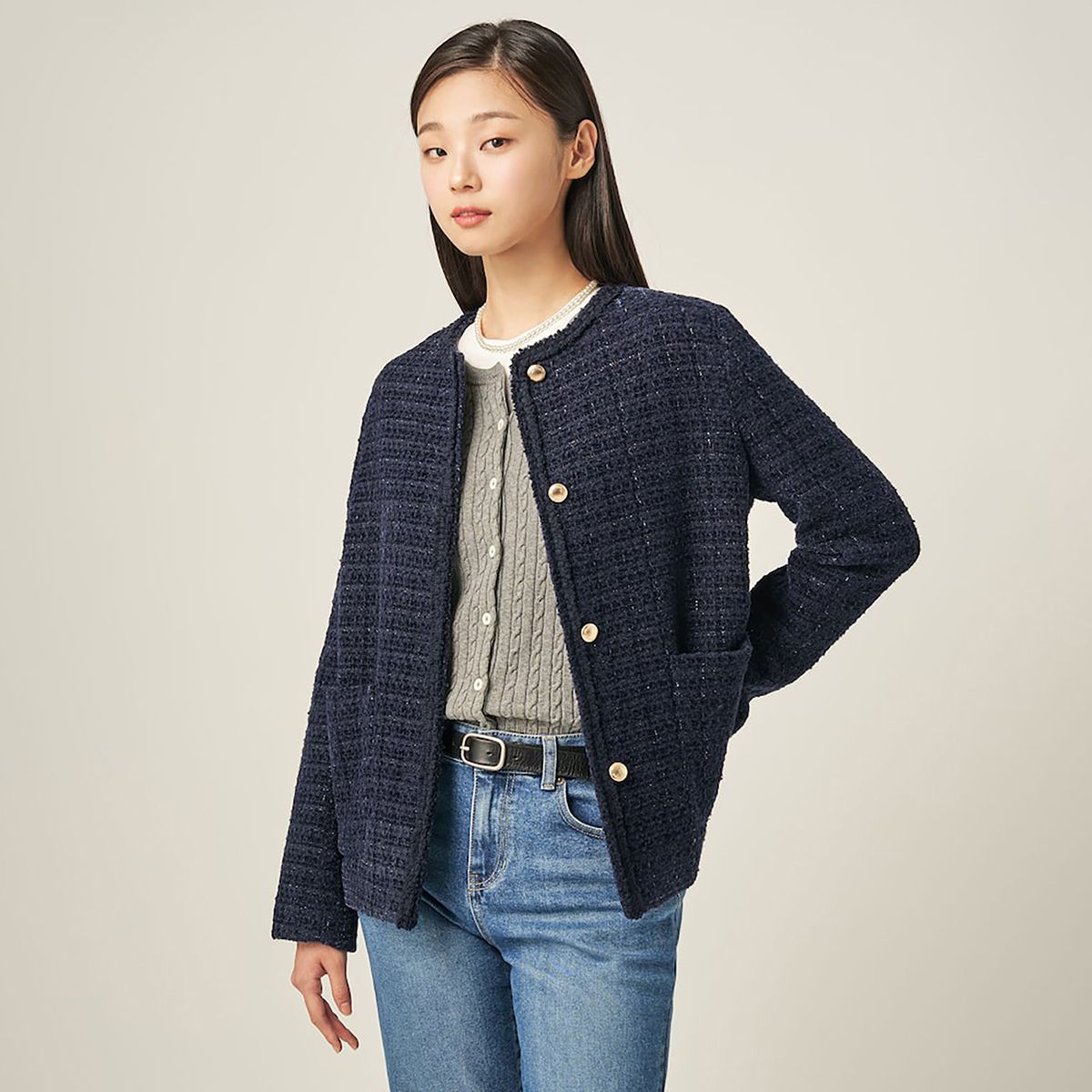 빈폴 레이디스(BEANPOLE LADIES) 트위드 미디움 재킷  네이비 (BF5811C02R)