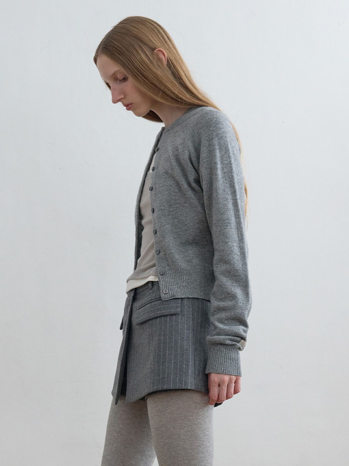 기준(KIJUN) Double Neck Knit Cardigan Melange Grey