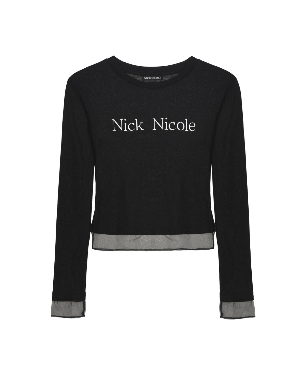 닉앤니콜(NICK&NICOLE) NICOLE SHEER LAYERED LOGO SLEEVE TOP_BLACK
