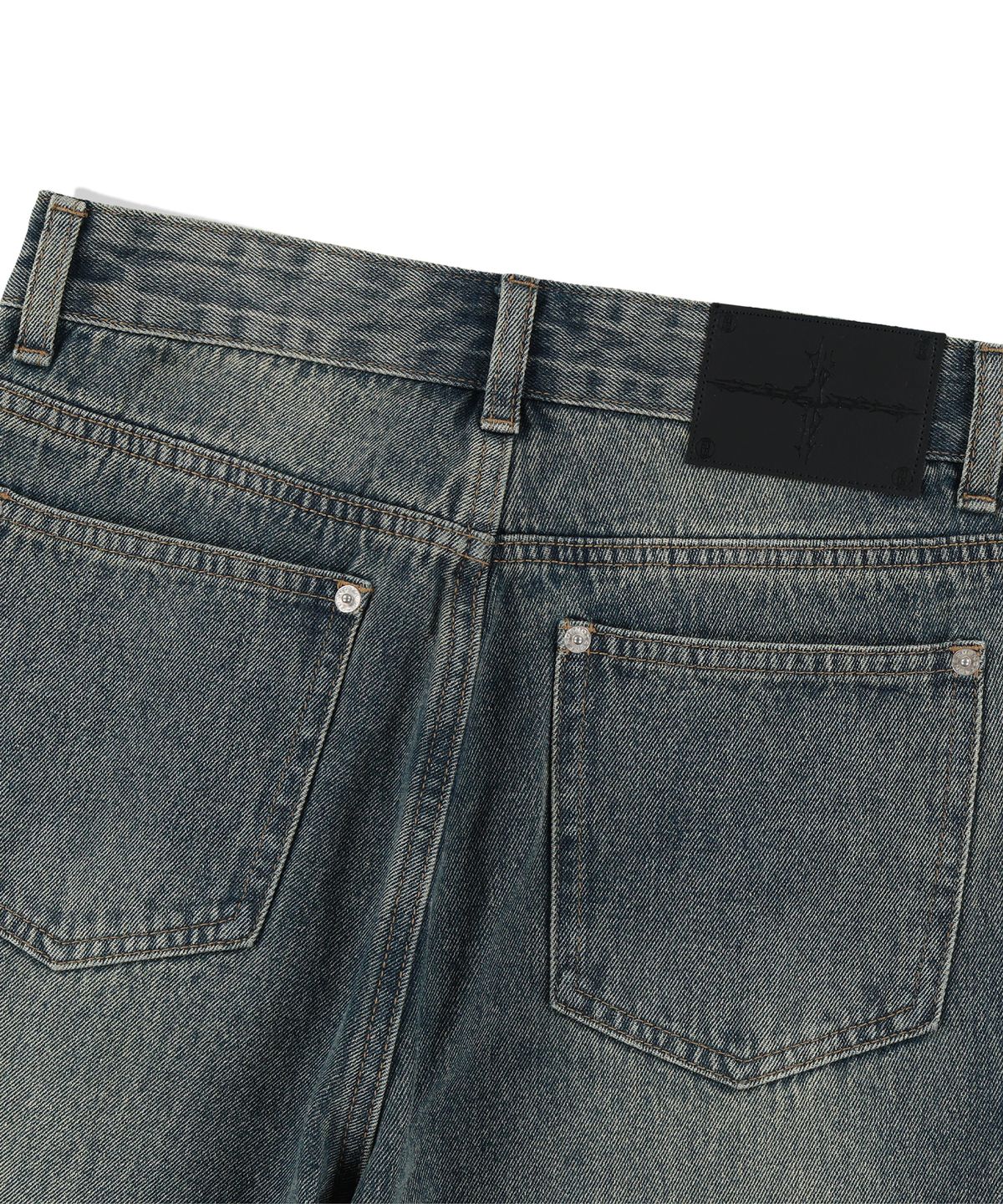 낫포너드(NOT4NERD) Destroyed Sand Washed Semi Flare Fit Denim Pants - Deep Blue