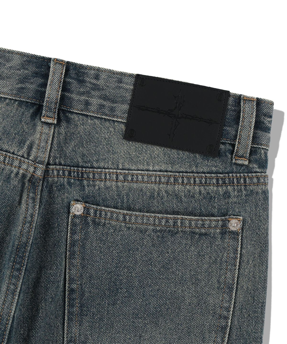 낫포너드(NOT4NERD) Destroyed Sand Washed Semi Flare Fit Denim Pants - Deep Blue