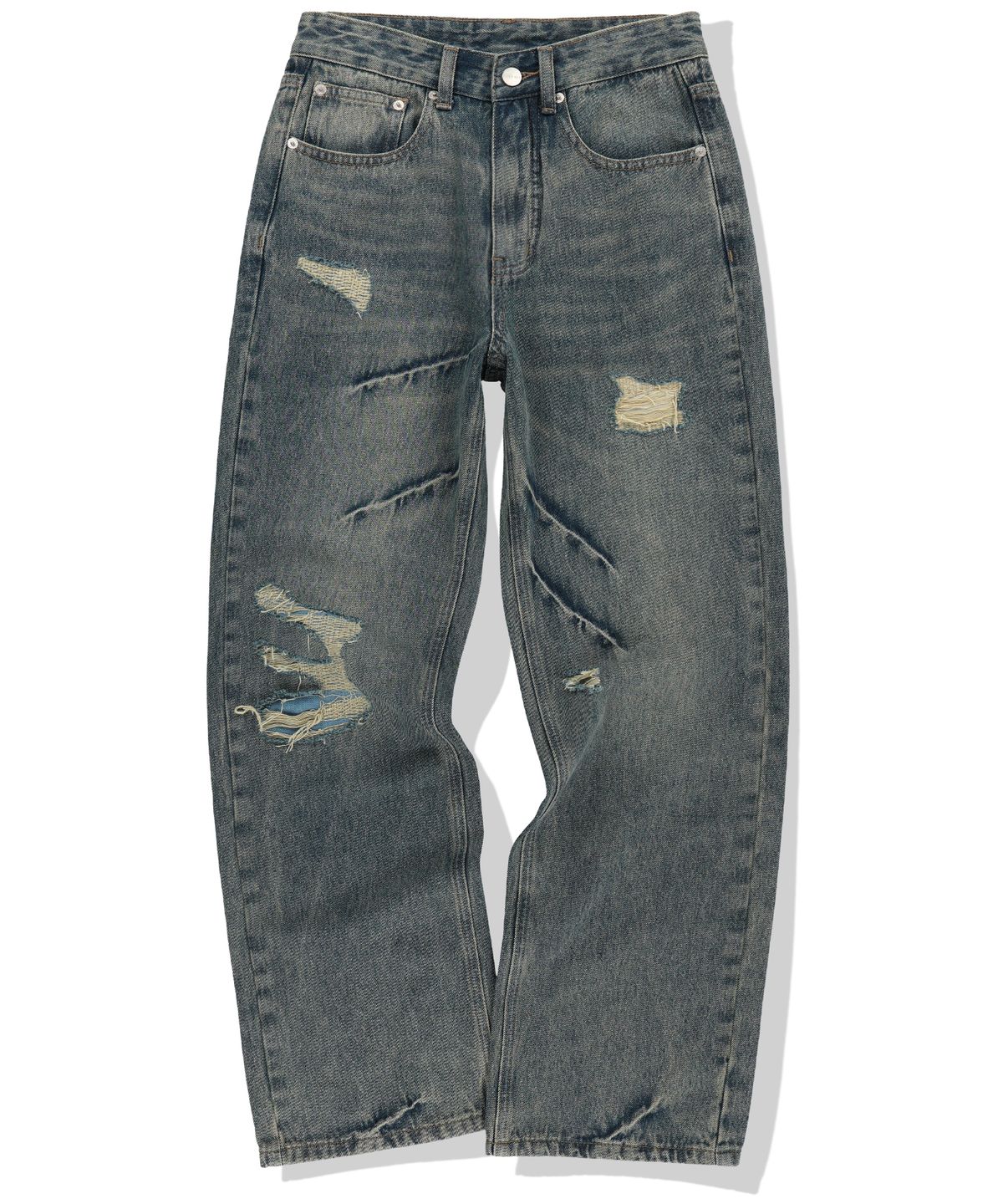 낫포너드(NOT4NERD) Destroyed Sand Washed Semi Flare Fit Denim Pants - Deep Blue