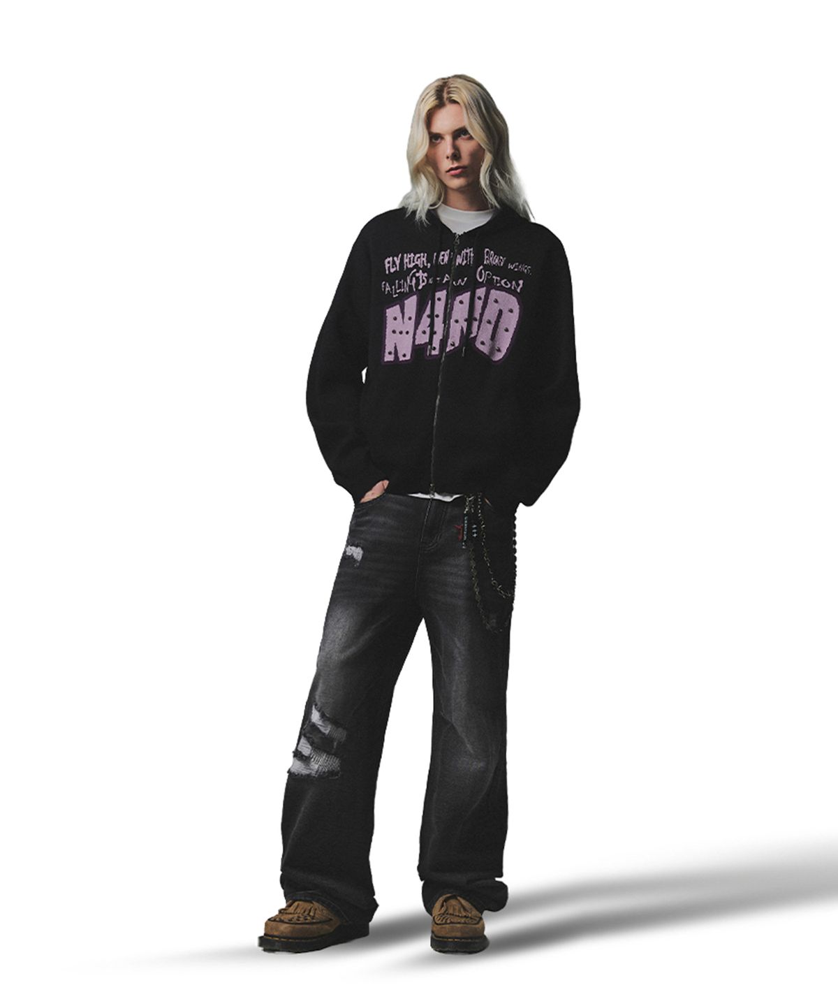 낫포너드(NOT4NERD) Destroyed Sand Washed Semi Flare Fit Denim Pants - Black