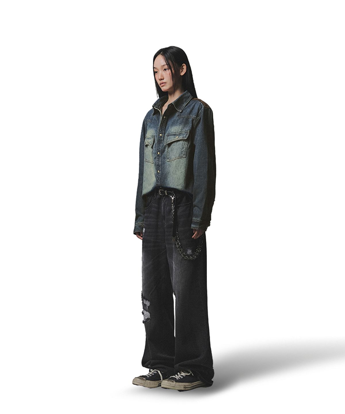 낫포너드(NOT4NERD) Destroyed Sand Washed Semi Flare Fit Denim Pants - Black
