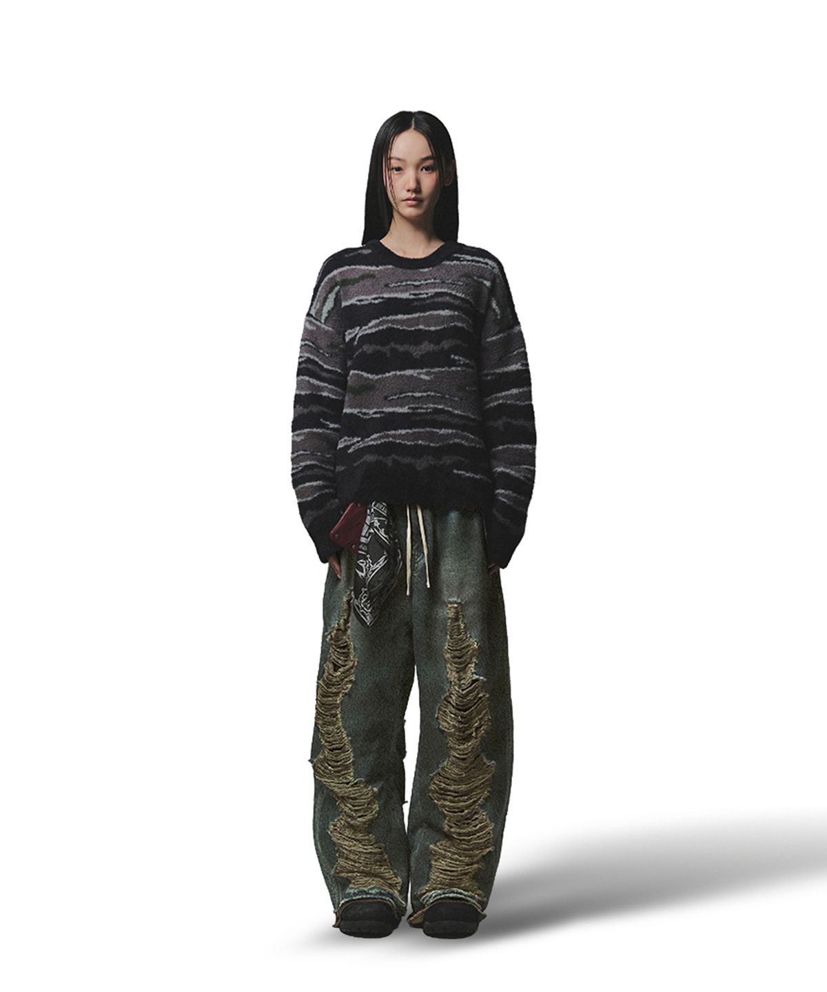 낫포너드(NOT4NERD) Camo Layered Destroyed Denim Pants - Deep Blue
