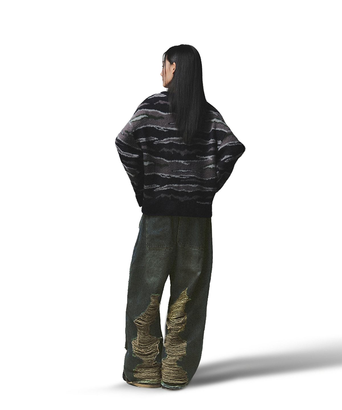 낫포너드(NOT4NERD) Camo Layered Destroyed Denim Pants - Deep Blue