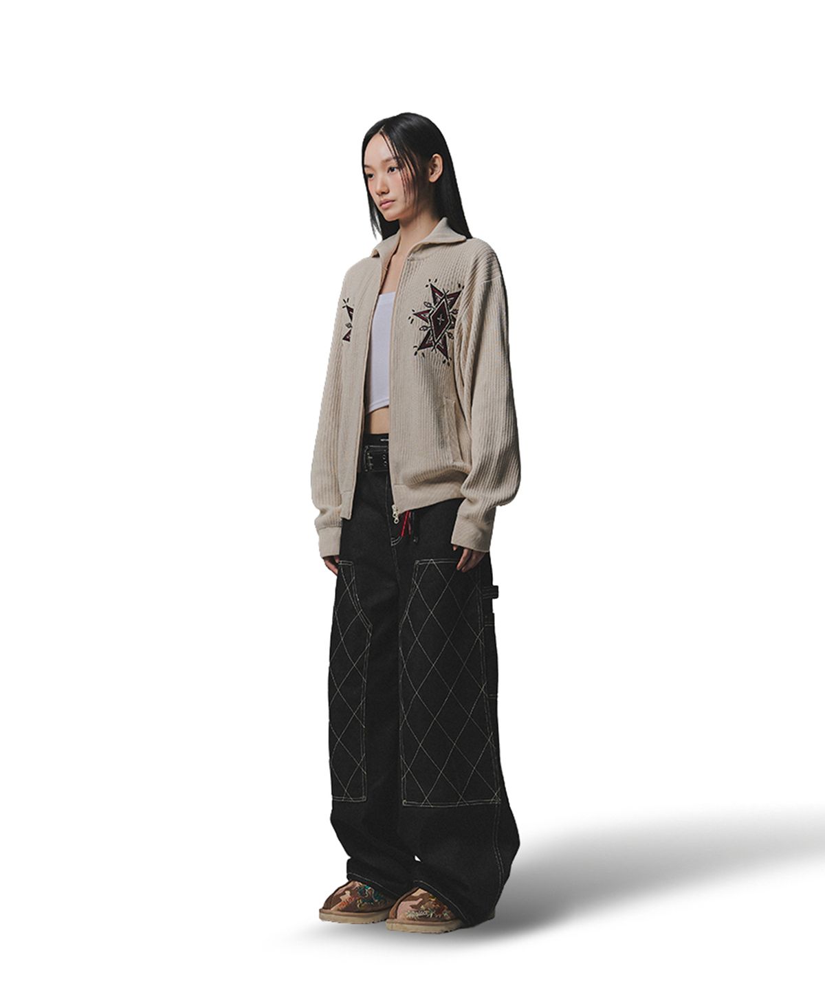 낫포너드(NOT4NERD) Angel Argyle Knit Track Jacket - Beige