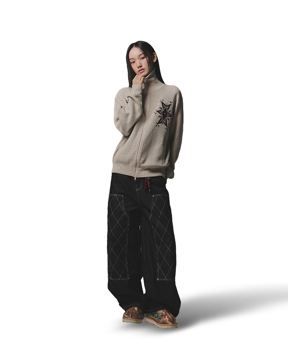 낫포너드(NOT4NERD) Angel Argyle Knit Track Jacket - Beige