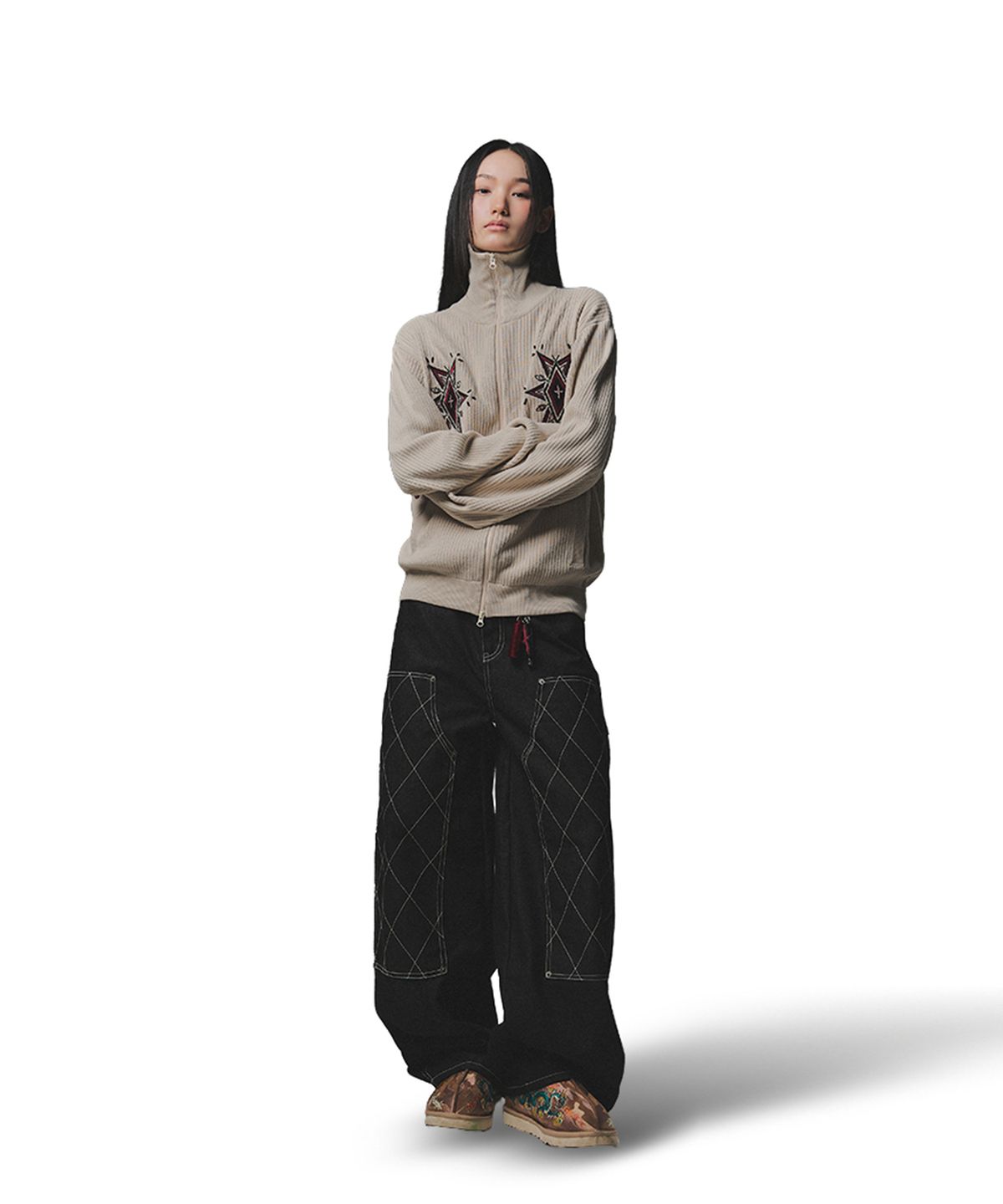 낫포너드(NOT4NERD) Angel Argyle Knit Track Jacket - Beige