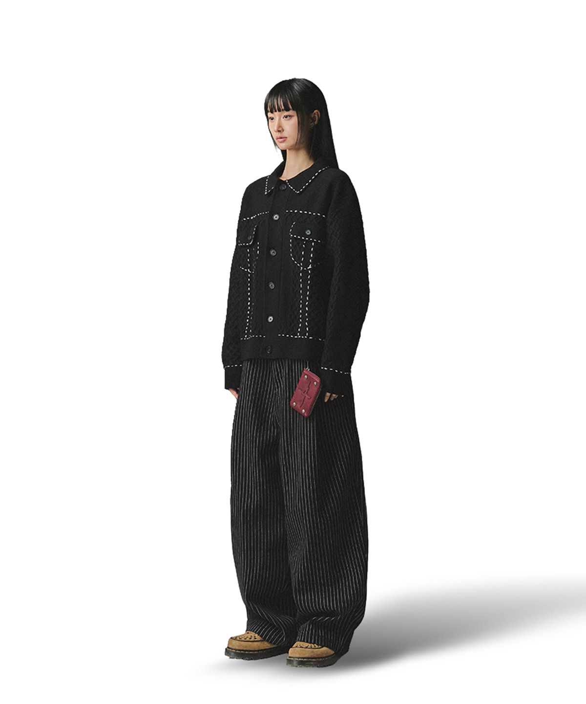 낫포너드(NOT4NERD) Contrast Stitch Knit Trucker Jacket - Black