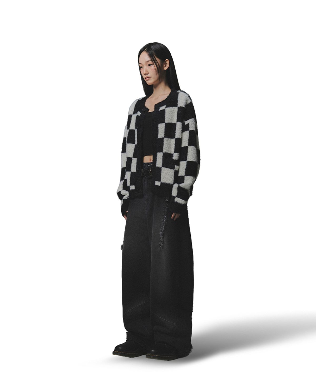낫포너드(NOT4NERD) Checkerboard Mohair Cardigan - Black