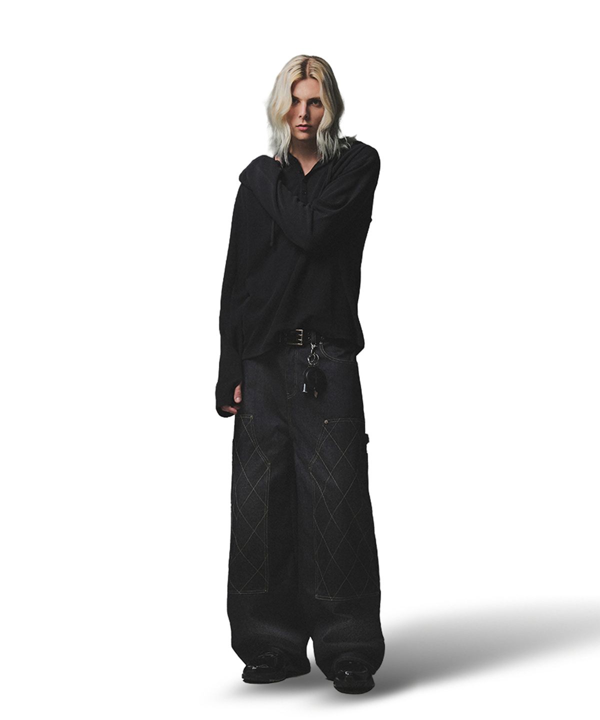 낫포너드(NOT4NERD) 444 Logo Waffle Henley Neck Hood - Charcoal