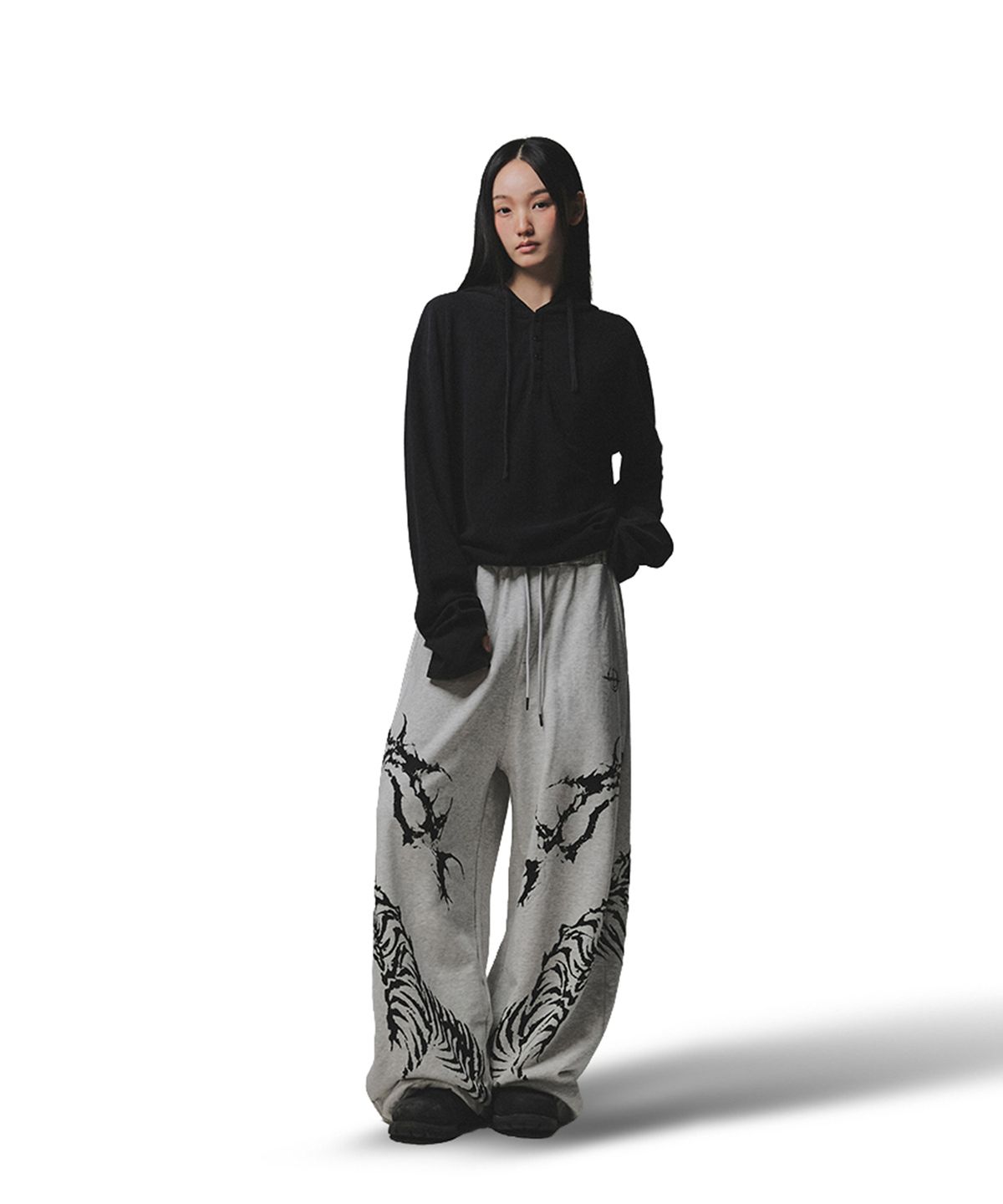 낫포너드(NOT4NERD) 444 Logo Waffle Henley Neck Hood - Charcoal