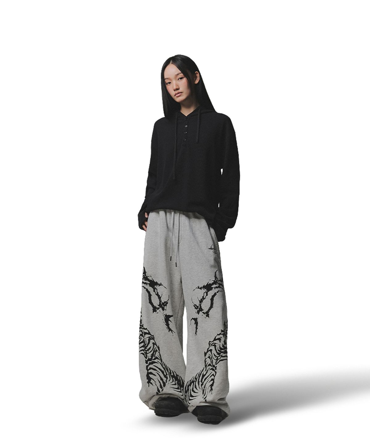 낫포너드(NOT4NERD) 444 Logo Waffle Henley Neck Hood - Charcoal