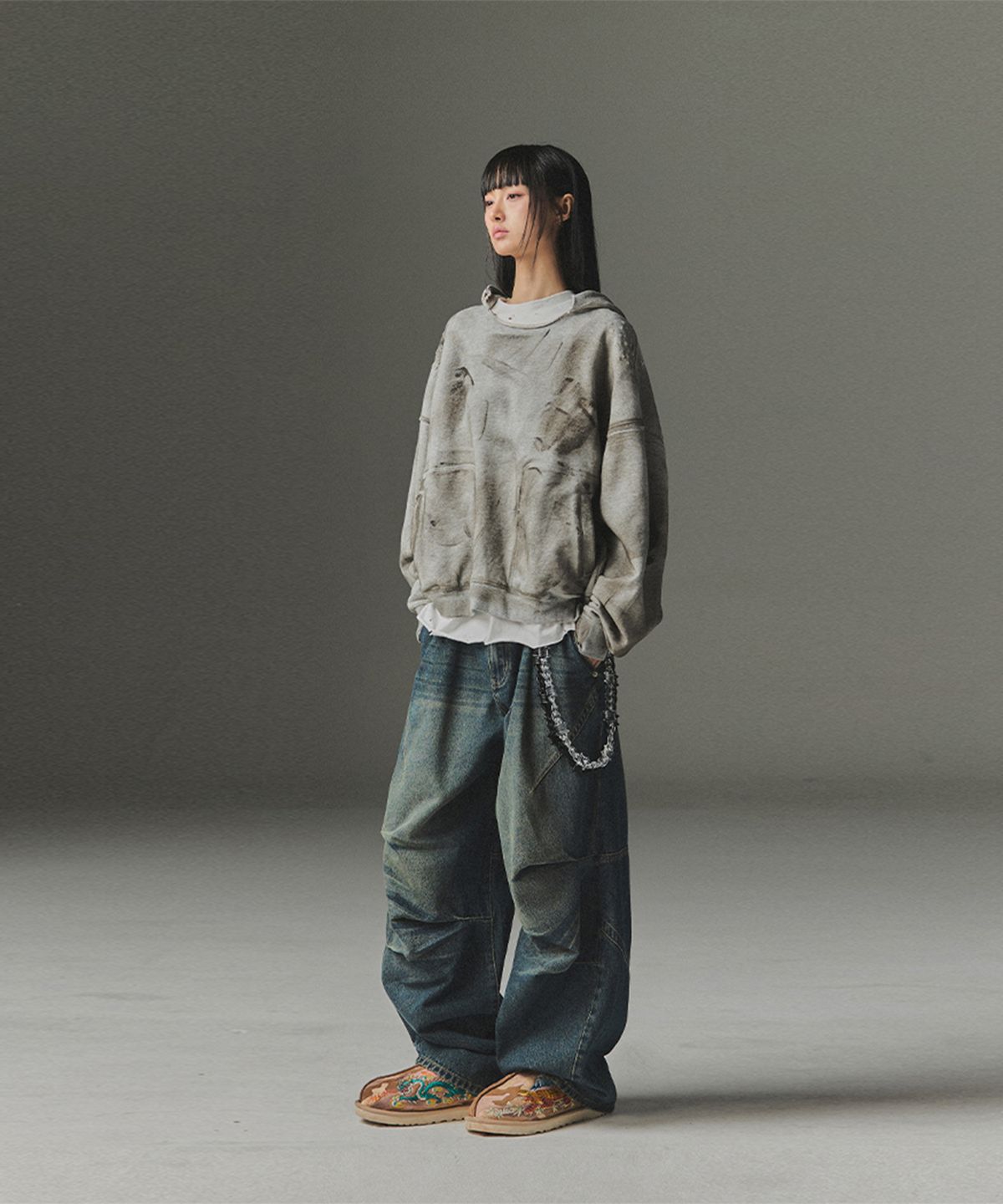 낫포너드(NOT4NERD) Damage Washed Patch Pullover Hood - Grey