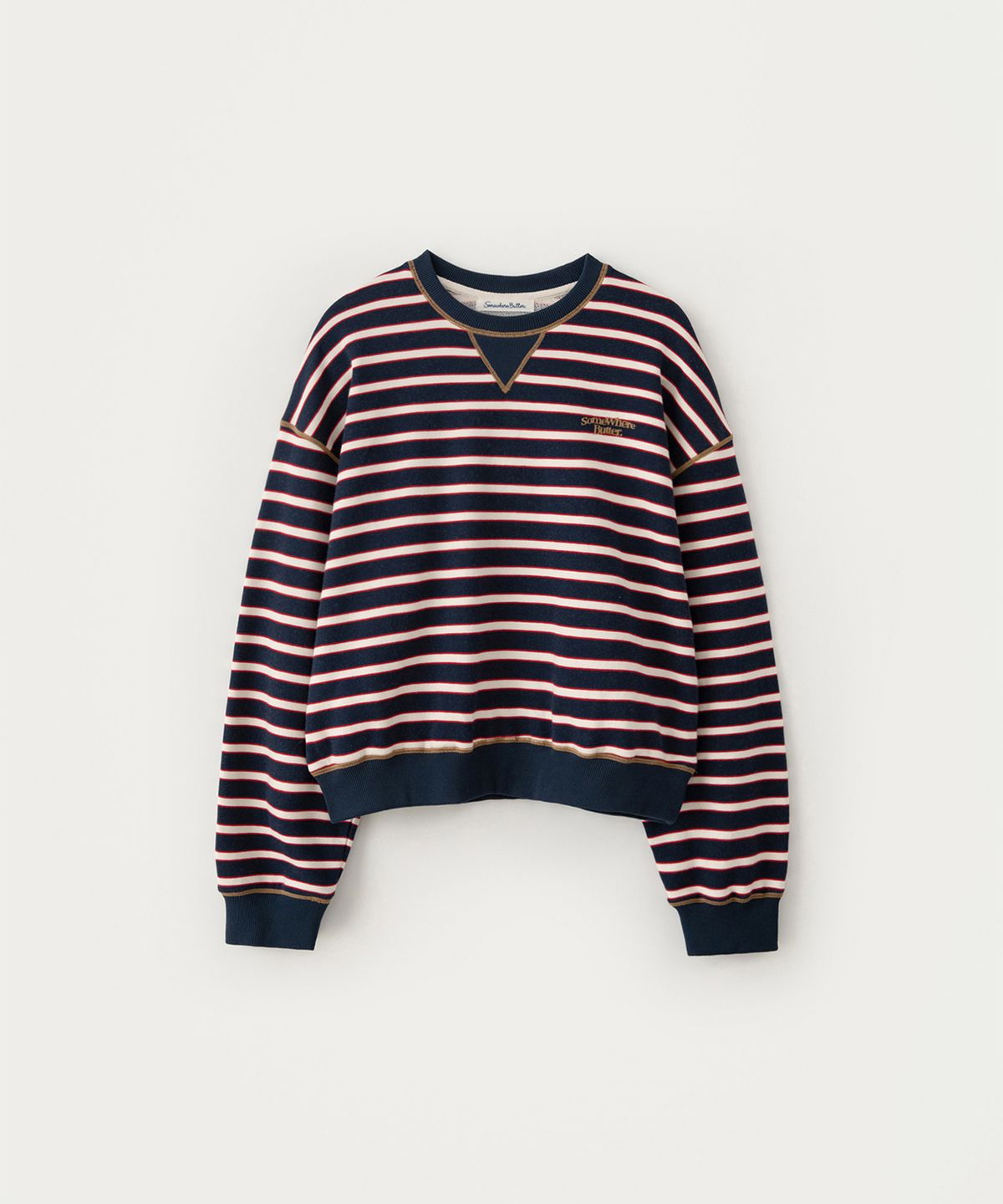썸웨어버터(SOMEWHEREBUTTER) Small Wave Logo Stripe Sweatshirt - Navy