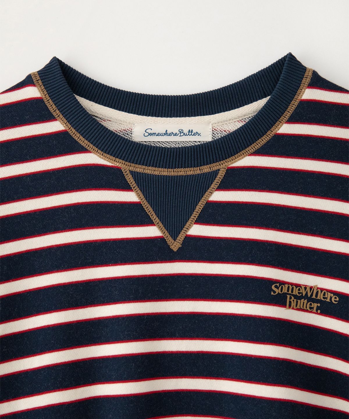 썸웨어버터(SOMEWHEREBUTTER) Small Wave Logo Stripe Sweatshirt - Navy