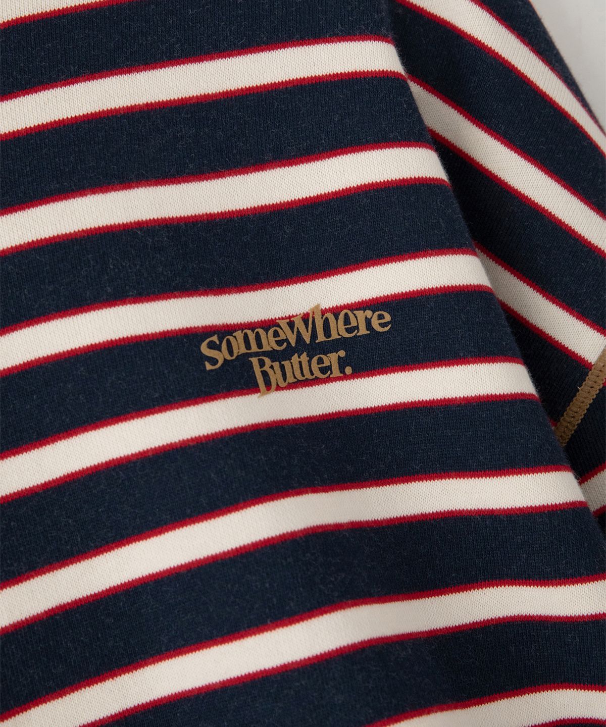 썸웨어버터(SOMEWHEREBUTTER) Small Wave Logo Stripe Sweatshirt - Navy