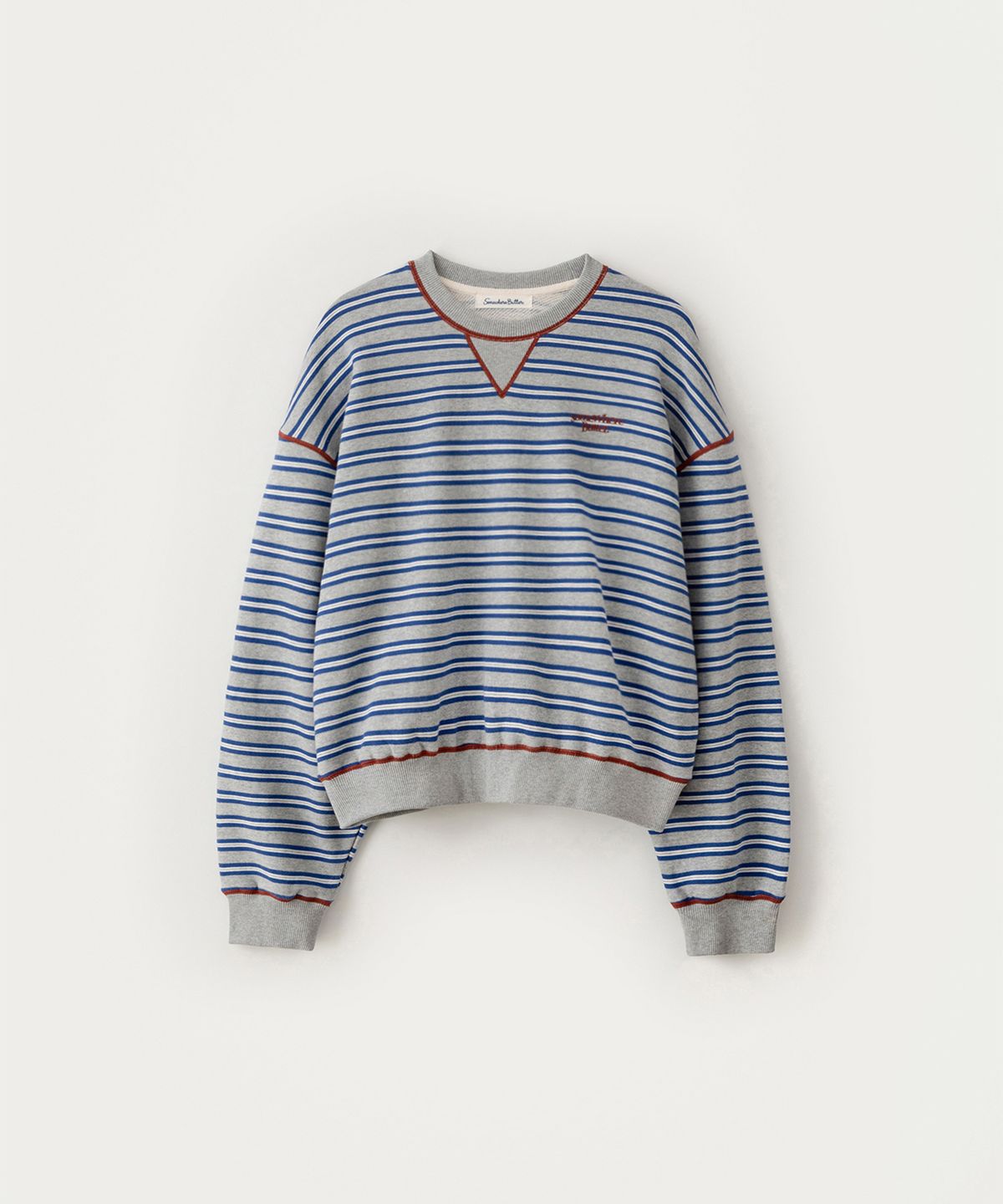 썸웨어버터(SOMEWHEREBUTTER) Small Wave Logo Stripe Sweatshirt - Grey