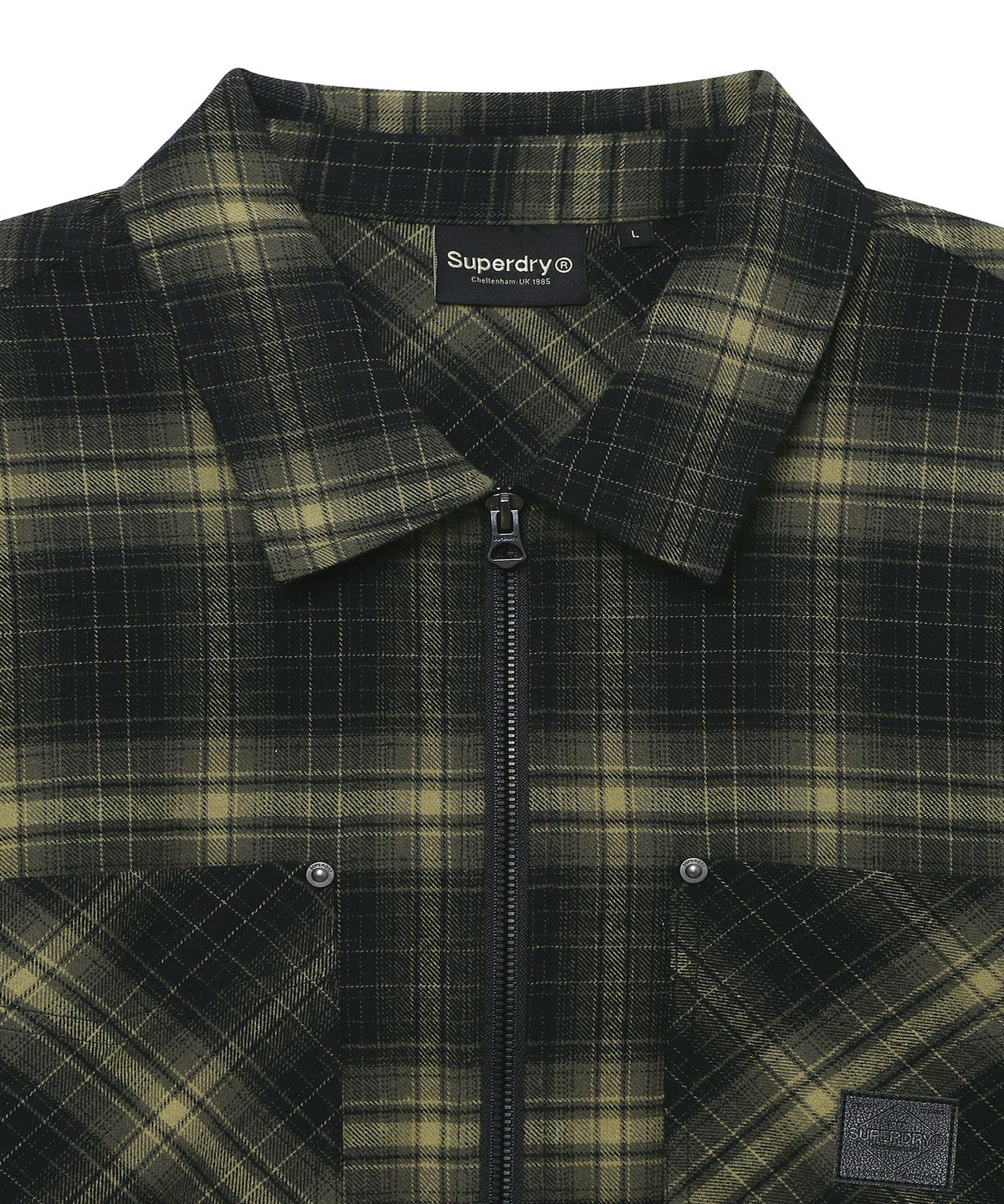 슈퍼드라이(SUPERDRY) 멀티 포켓 집업 체크 셔츠 카키