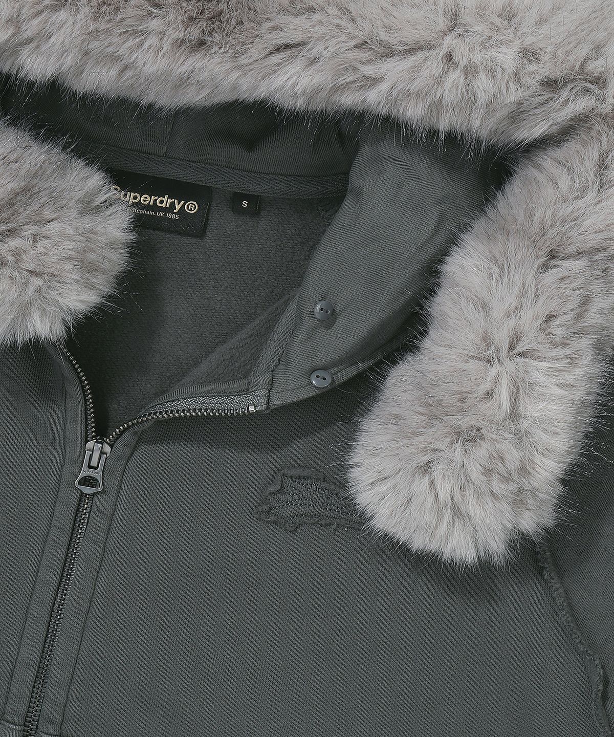 슈퍼드라이(SUPERDRY) W 빈티지 아플리케 스몰로고 퍼후드집업 다크그레이
