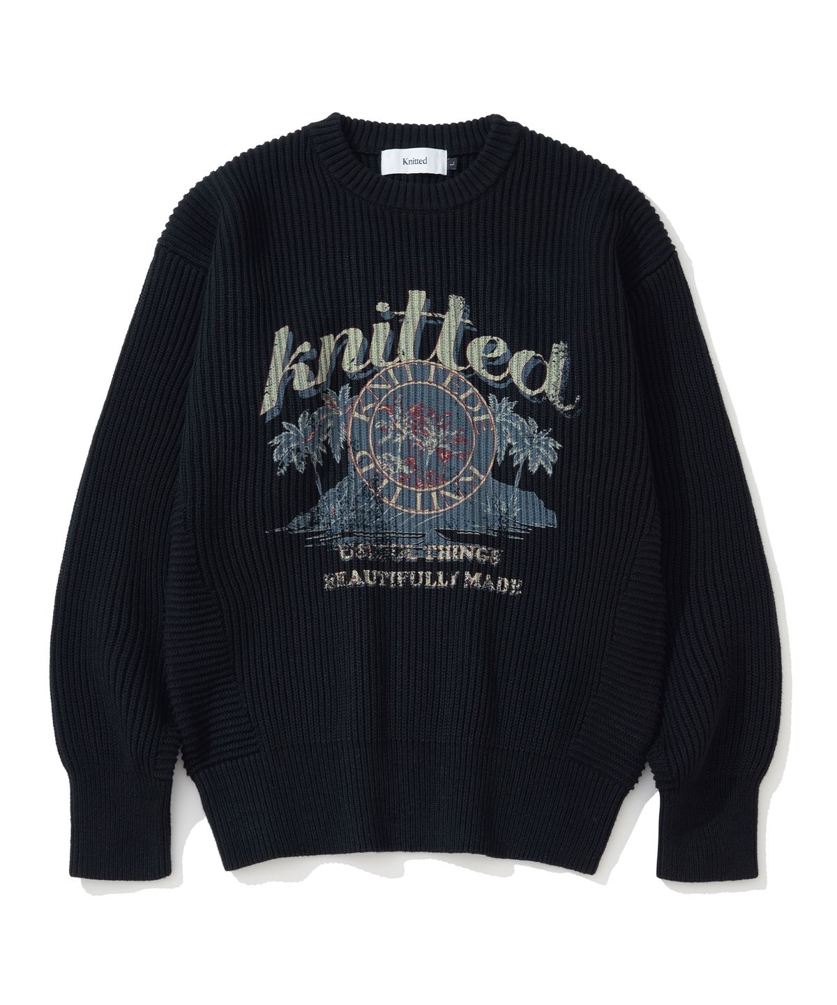 니티드(KNITTED) 빈티지 팜트리 미니멀 라운드 니트 BLACK