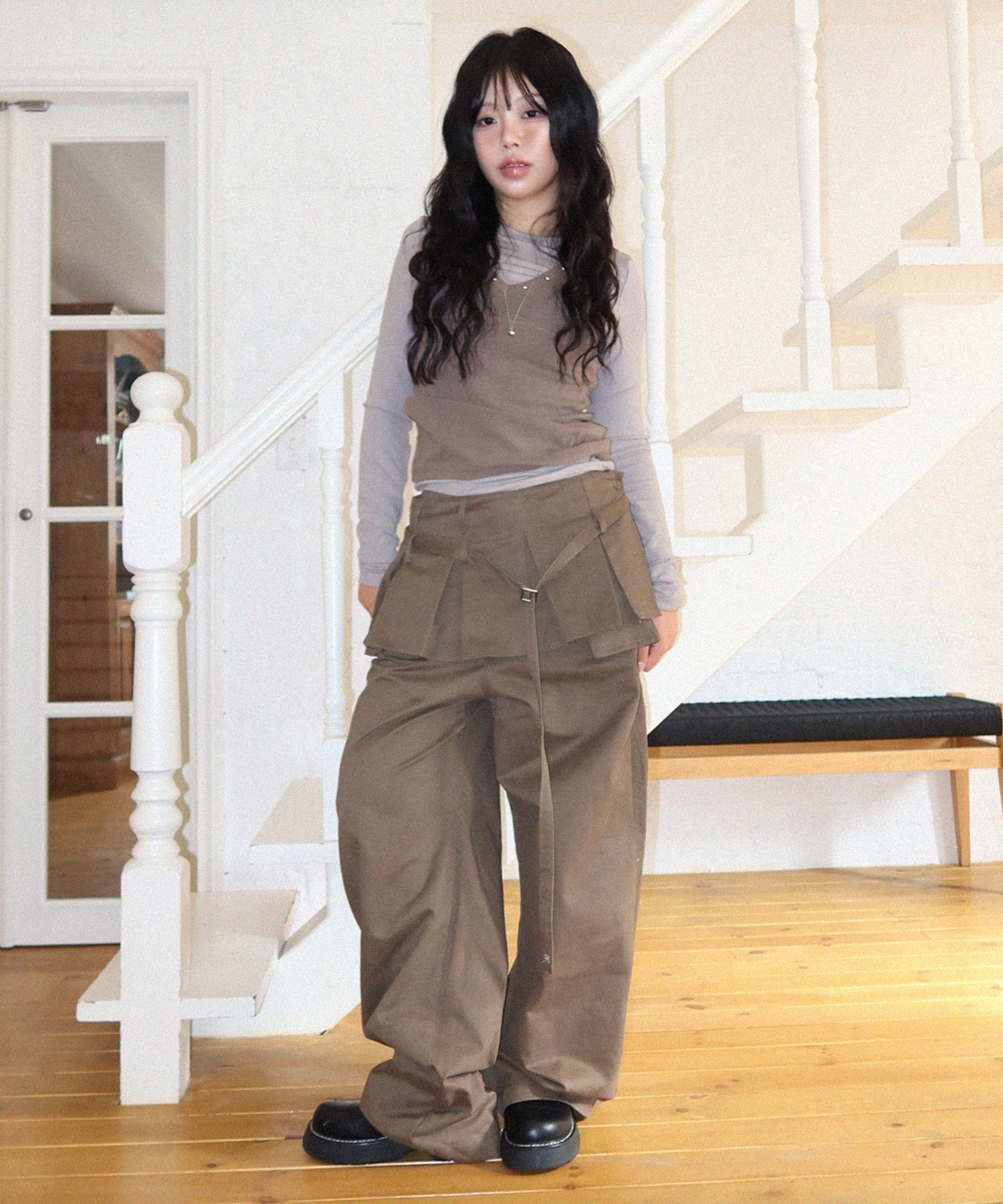 パンツ Pleated Skirt Layered Pants MUSINSA | PLACE STUDIO Pleated Skirt Layered Wide Pants [Brown]