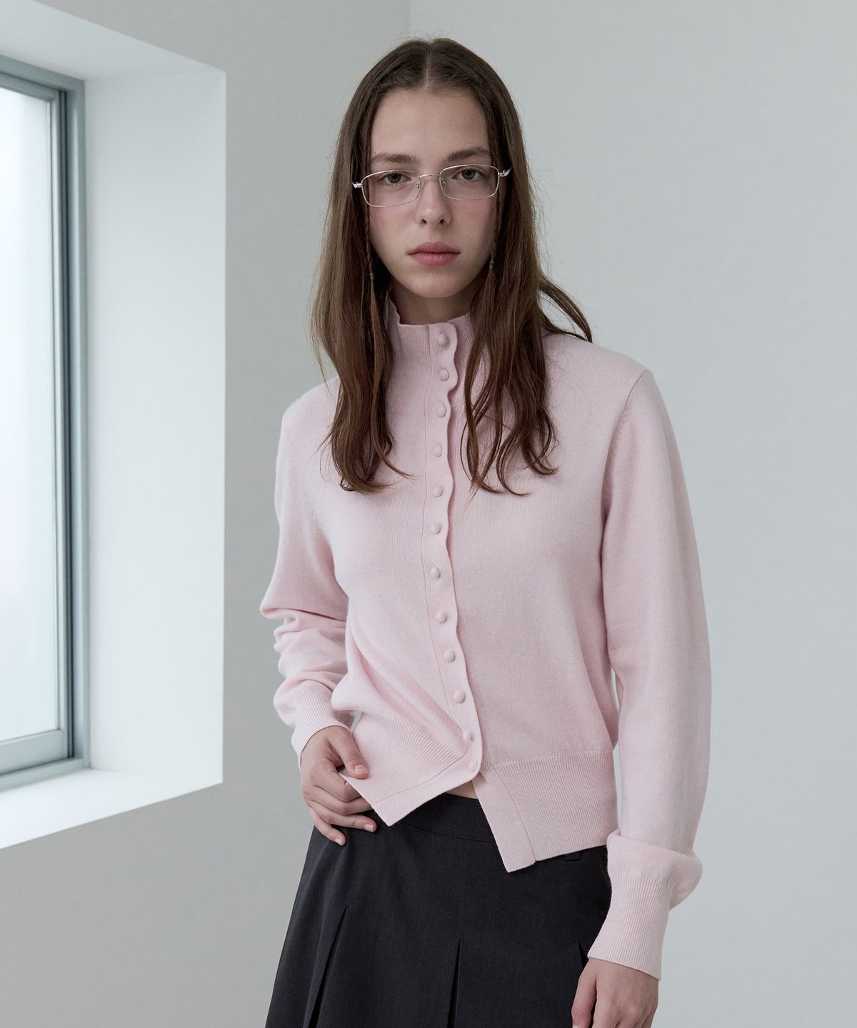 로라로라(ROLAROLA) WOOL BLENDED HIGH NECK KNIT CARDIGAN PINK