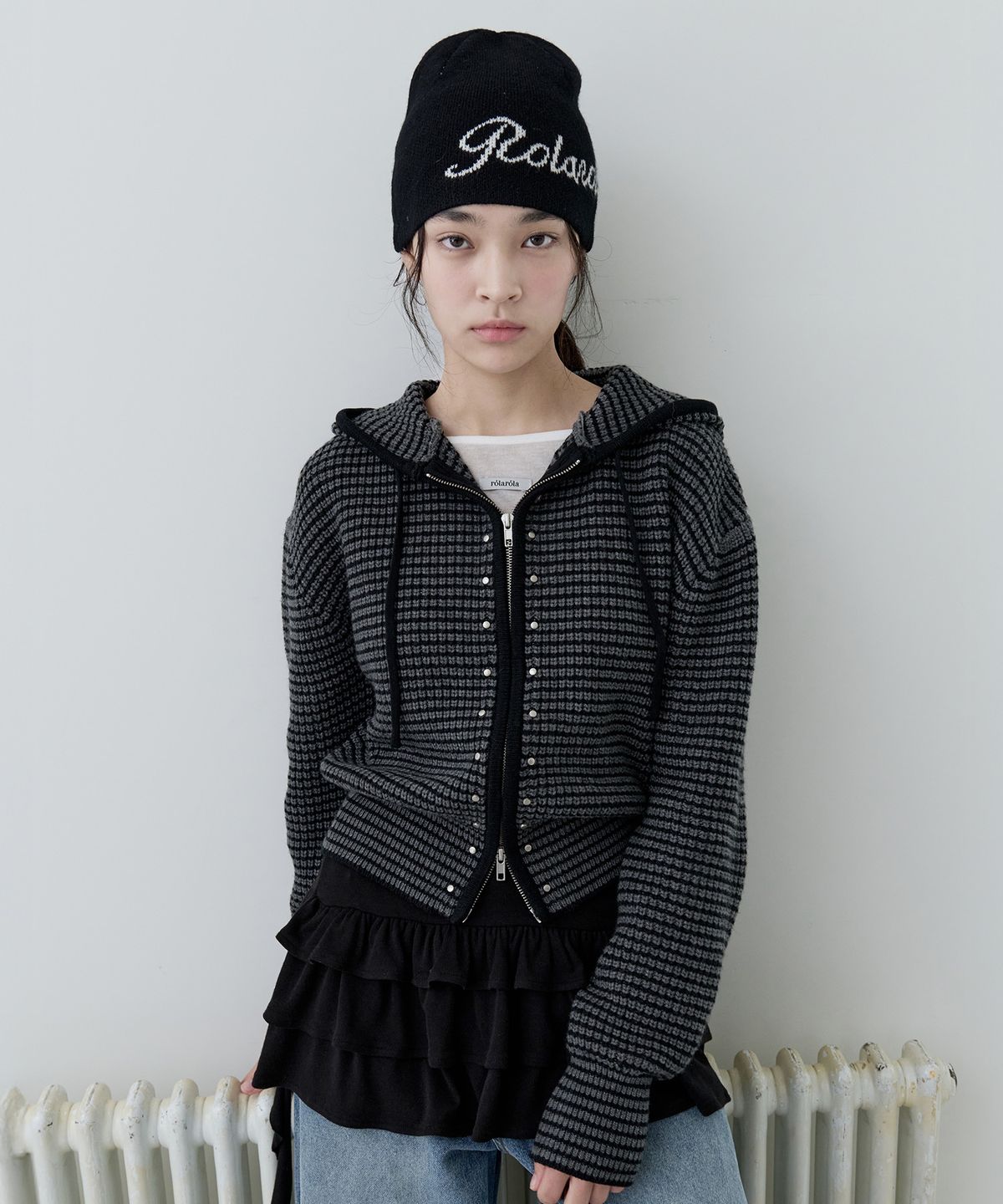 로라로라(ROLAROLA) STUD KNIT HOODED ZIP-UP GRAY