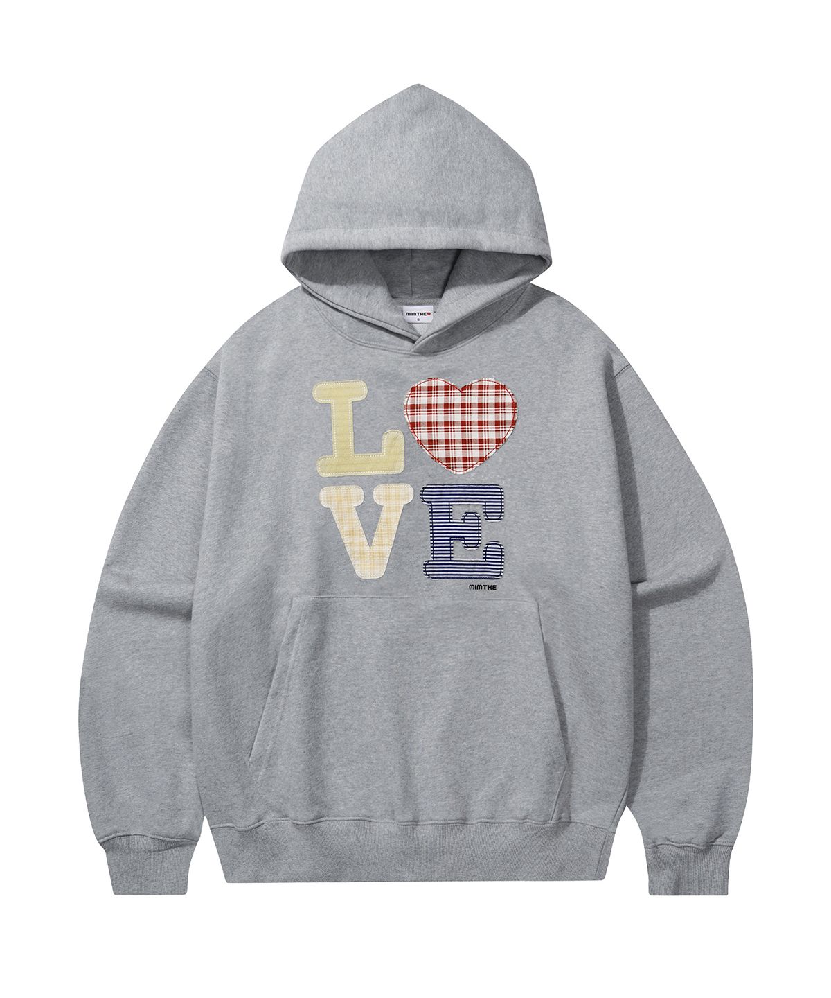 밈더워드로브(MIMTHEWARDROBE) 헬로 월드 패치워크 LOVE 후드티_그레이
