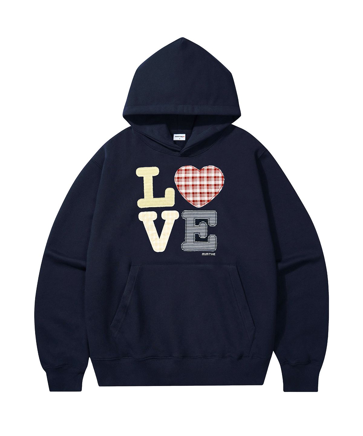 밈더워드로브(MIMTHEWARDROBE) 헬로 월드 패치워크 LOVE 후드티_네이비