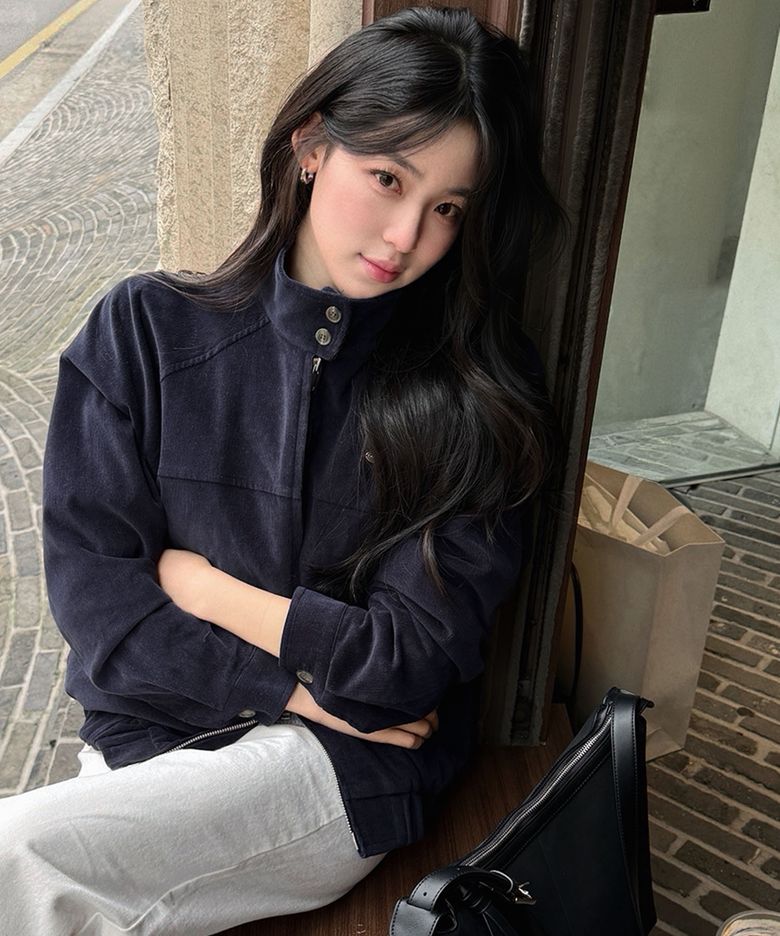 코듀로이 버튼 포인트 블루종 재킷 - 네이비