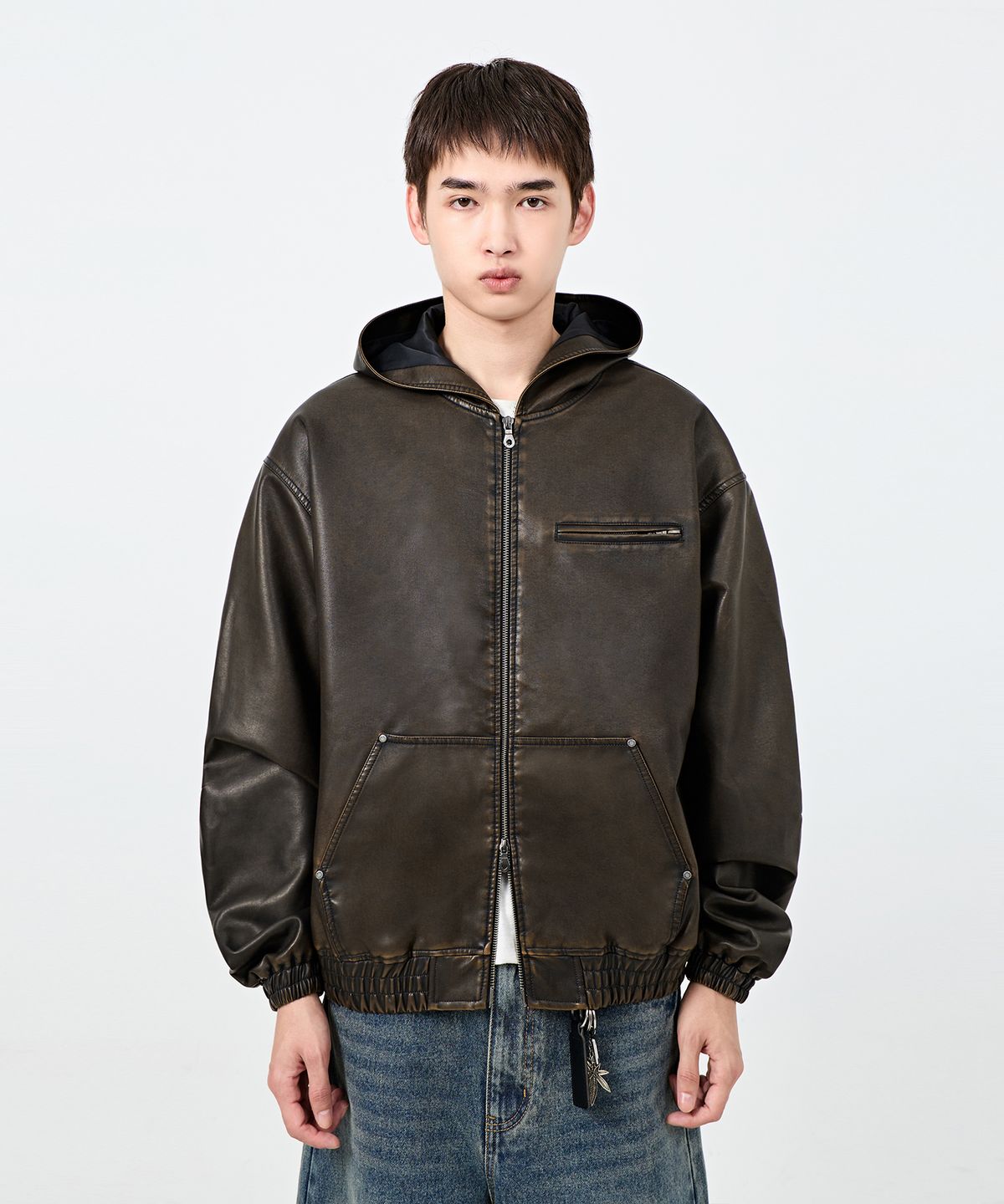 디미트리블랙(DIMITRI BLACK) 2WAY VTG 워시드 PU 후드 집업_브라운