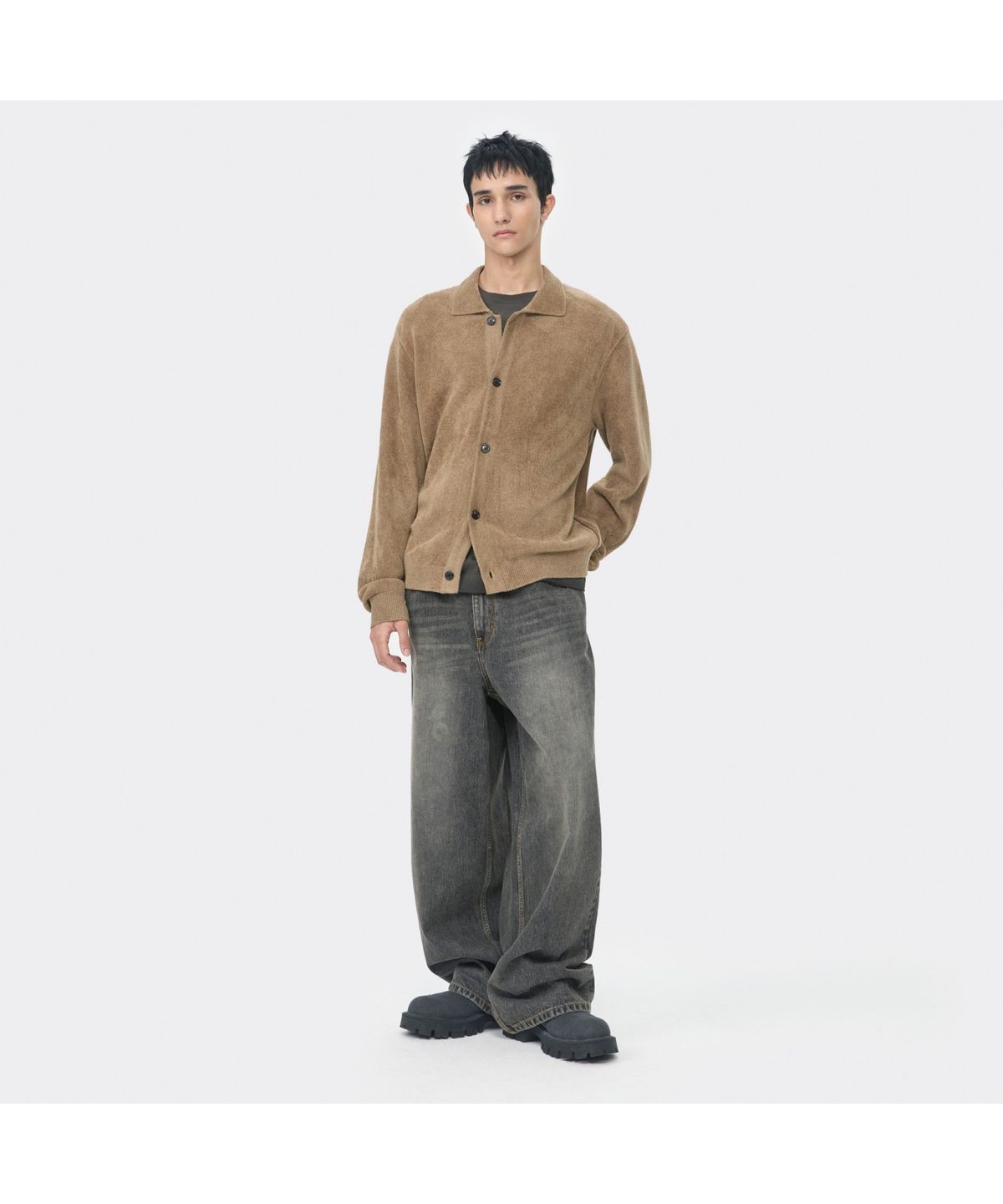 커스텀멜로우(CUSTOMELLOW) Brown Chenille Collar Cardigan CWWAW25712BRX