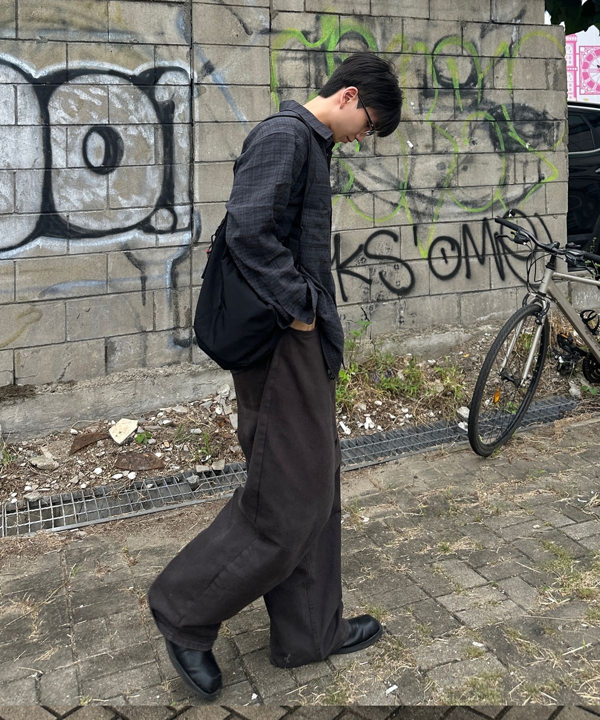 마인드브릿지(MINDBRIDGE) 크로셰 체크 오버핏 셔츠