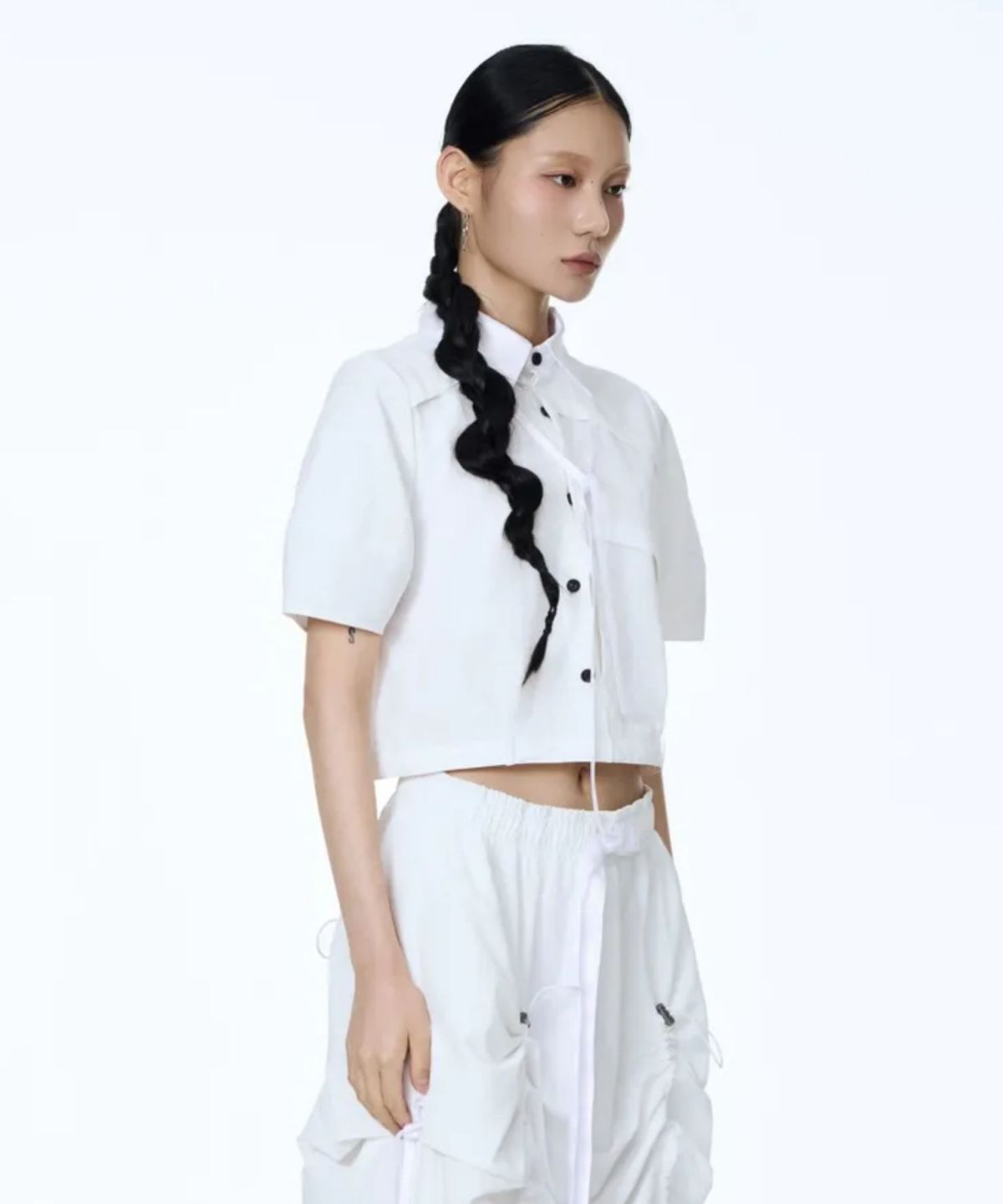 칠 하나 투 구육(71TO96) Hanbok Fabric Collar Crop Shirt (White)