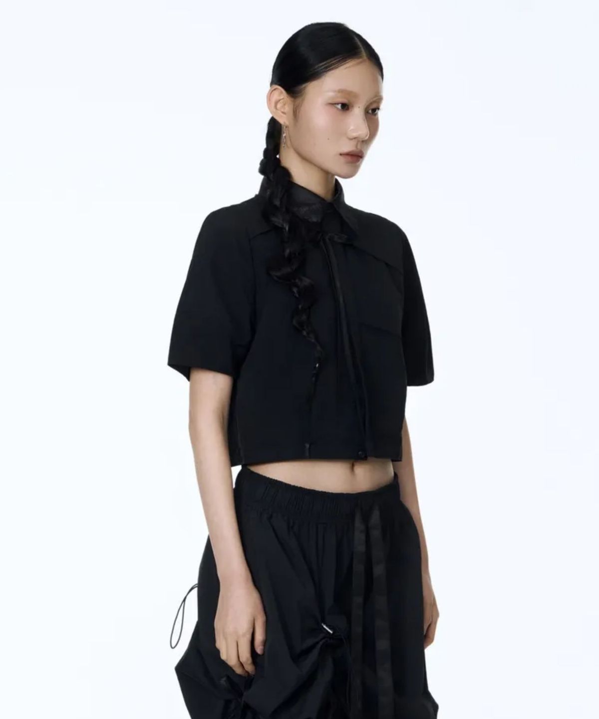 칠 하나 투 구육(71TO96) Hanbok Fabric Collar Crop Shirt (Black)