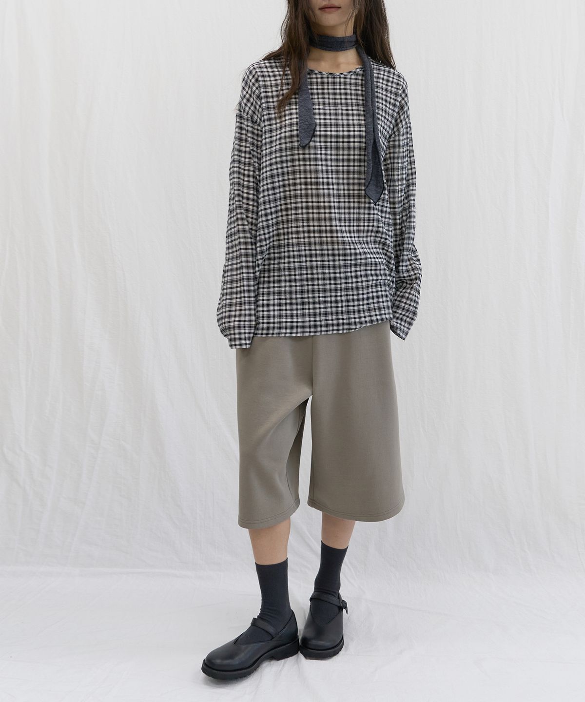 줄리아페페(JULIAPEPE) Long Sleeve Layered Check Top (Charcoal)