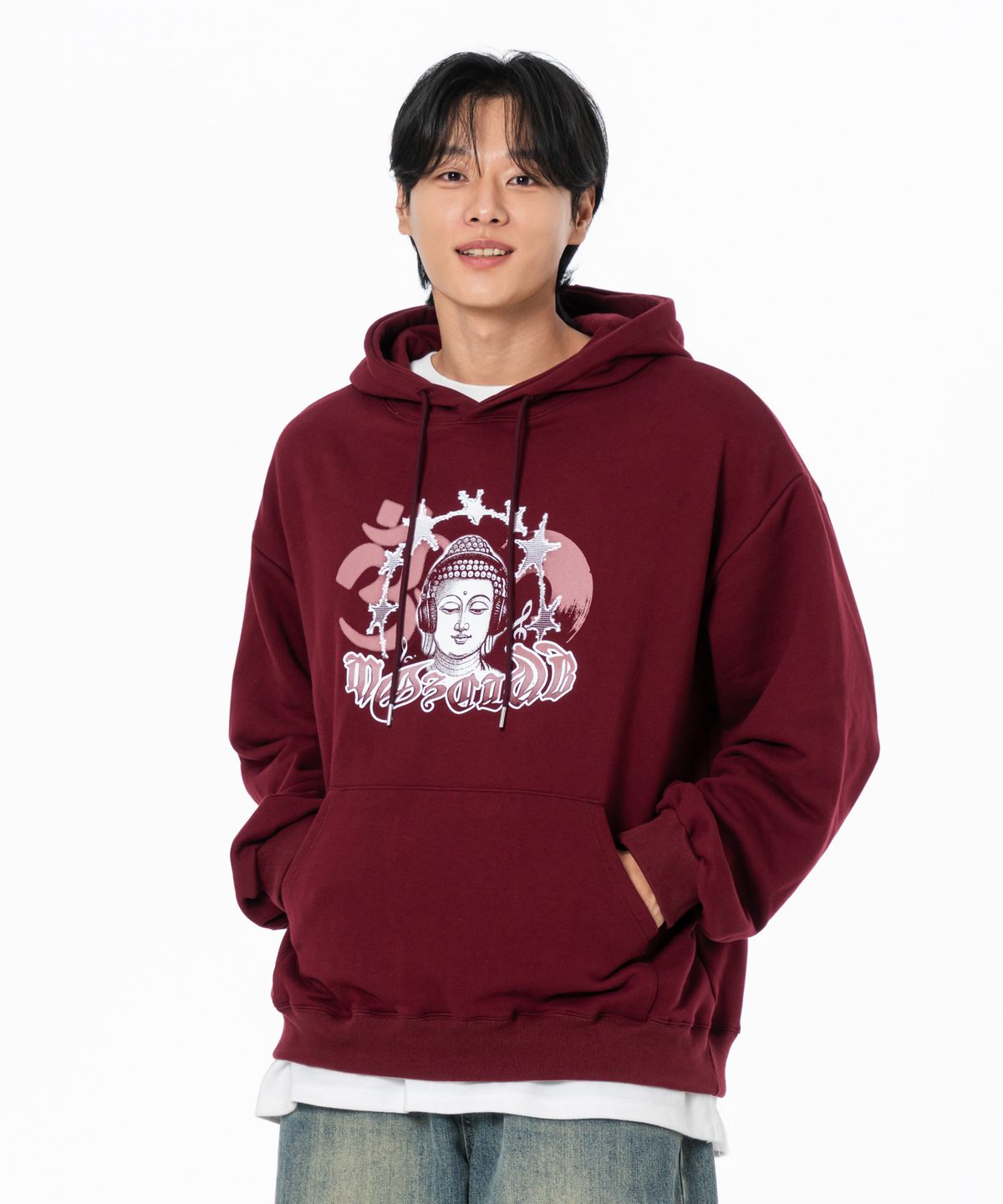 모즈모즈(MOZMOZ) 부다뮤직 그래픽 오버핏 후드 버건디