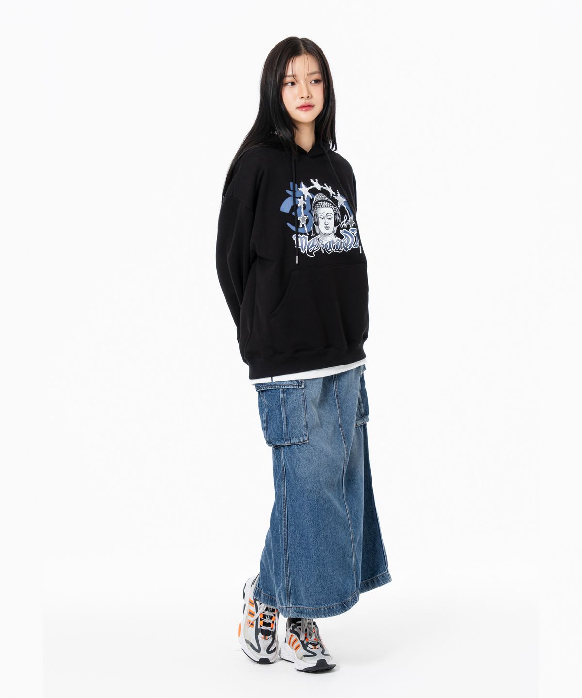 모즈모즈(MOZMOZ) 부다뮤직 그래픽 오버핏 후드 블랙