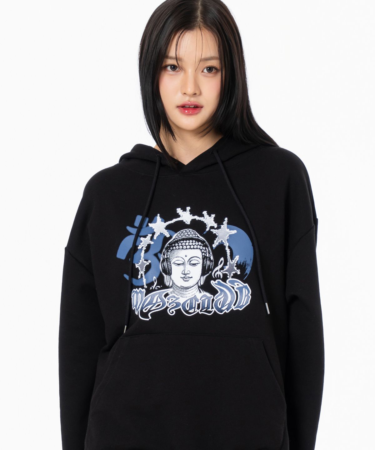 모즈모즈(MOZMOZ) 부다뮤직 그래픽 오버핏 후드 블랙