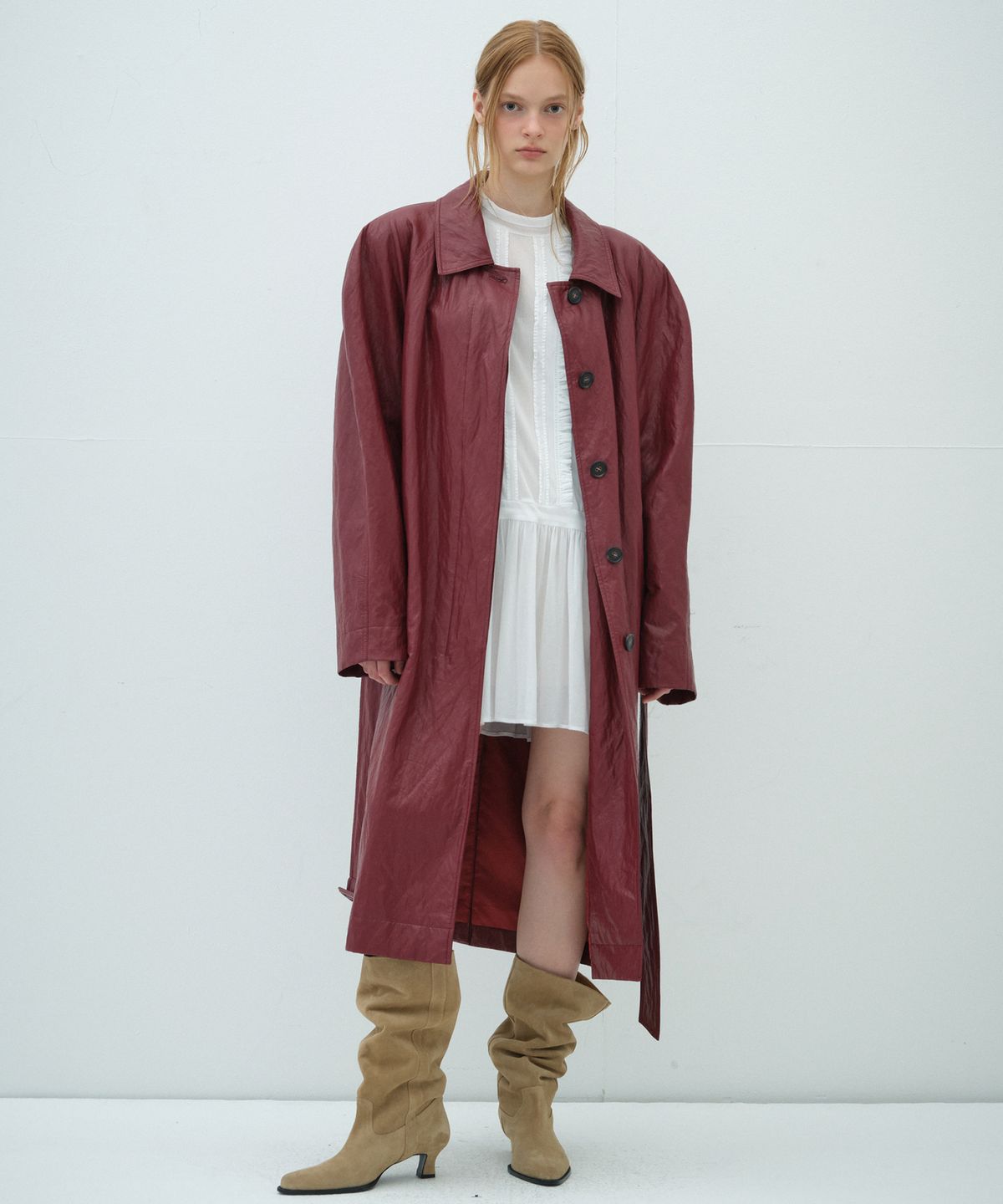 오버듀플레어(OVERDUEFLAIR) LEATHER LONG TRENCH COAT_BURGUNDY