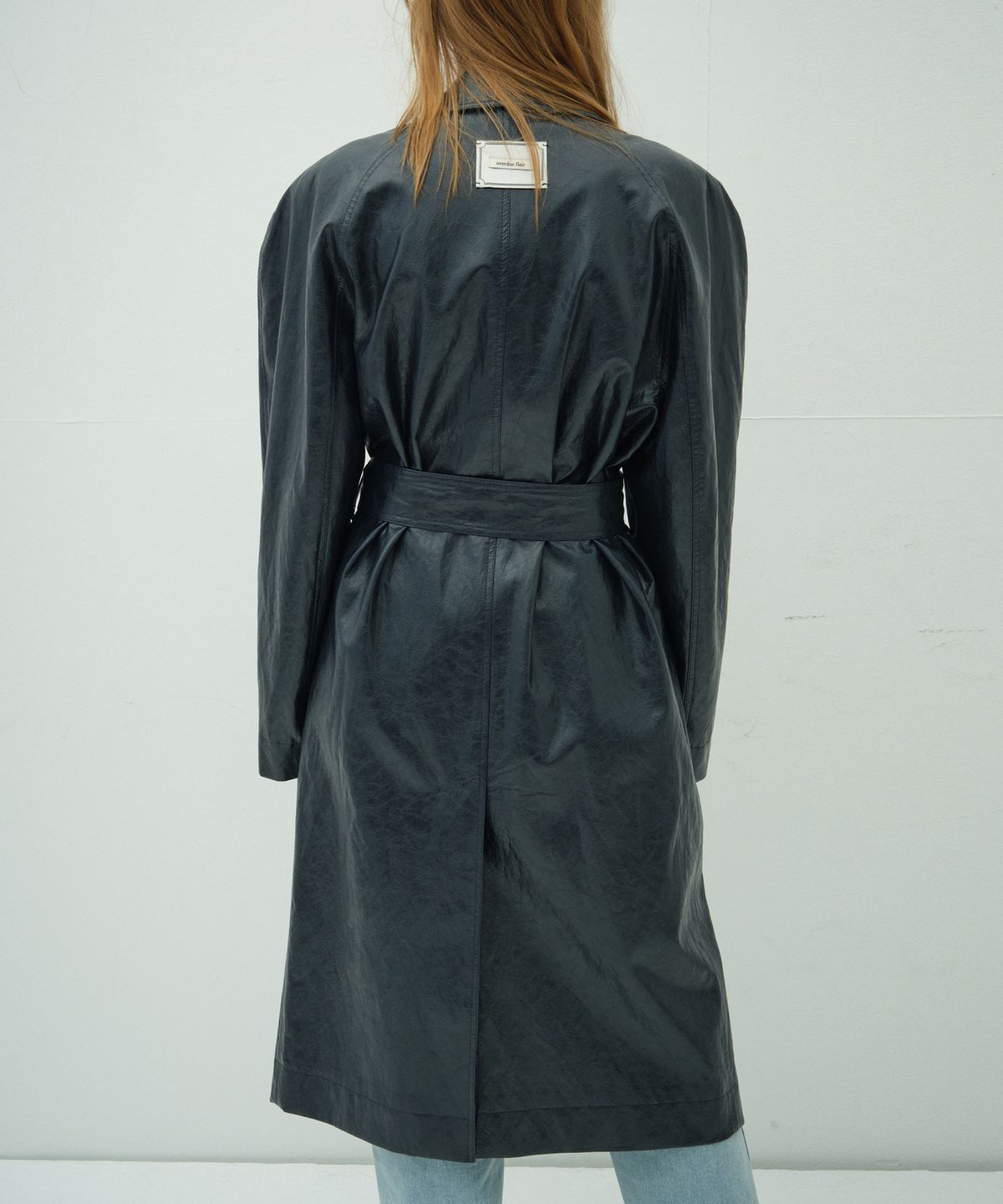 오버듀플레어(OVERDUEFLAIR) LEATHER LONG TRENCH COAT_NAVY